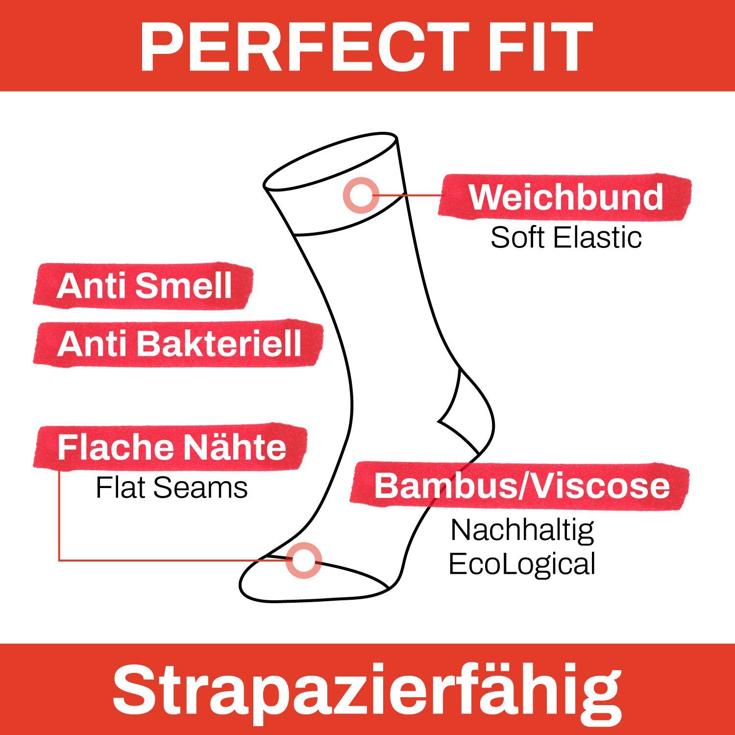 Anti Bakteriell, Damen, Strümpfe Bambus AntiSmell Lifestyle Socke, 3 Herren, Paar, Chili