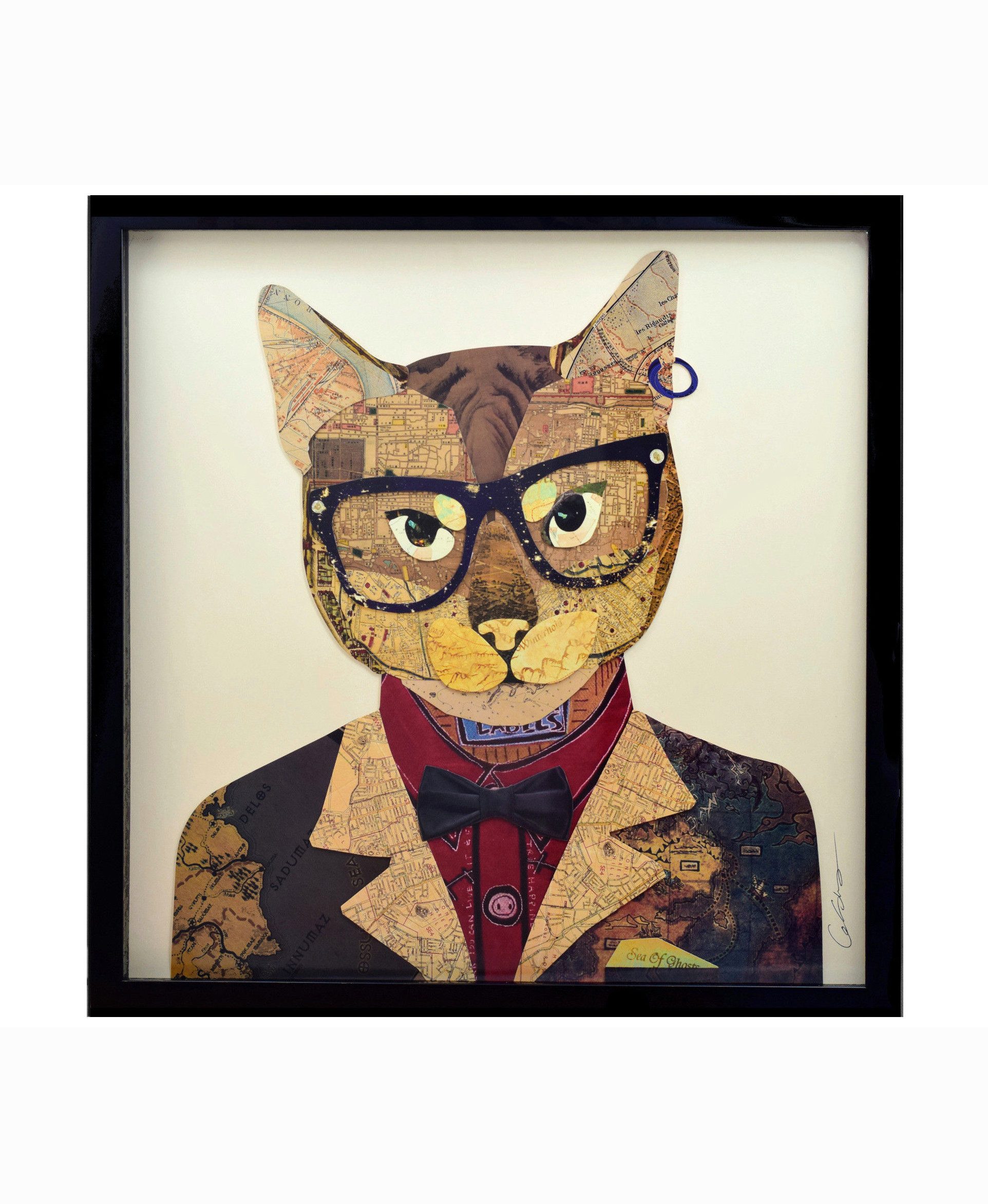 ROOGU Bilder-Collage ROOGU 3D Collage Kunst Art Wandbild Handgefertigt, Katze