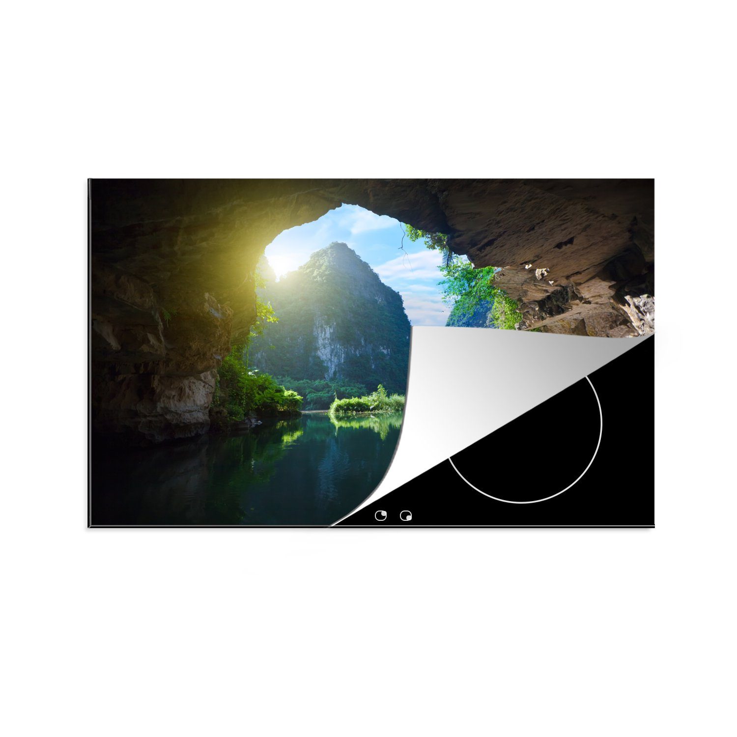 MuchoWow Herdblende-/Abdeckplatte Wasser - Höhle - Sonne - Natur - Pflanzen, Vinyl, (1 tlg), 81x52 cm, Ceranfeldabdeckung, Arbeitsplatte für küche