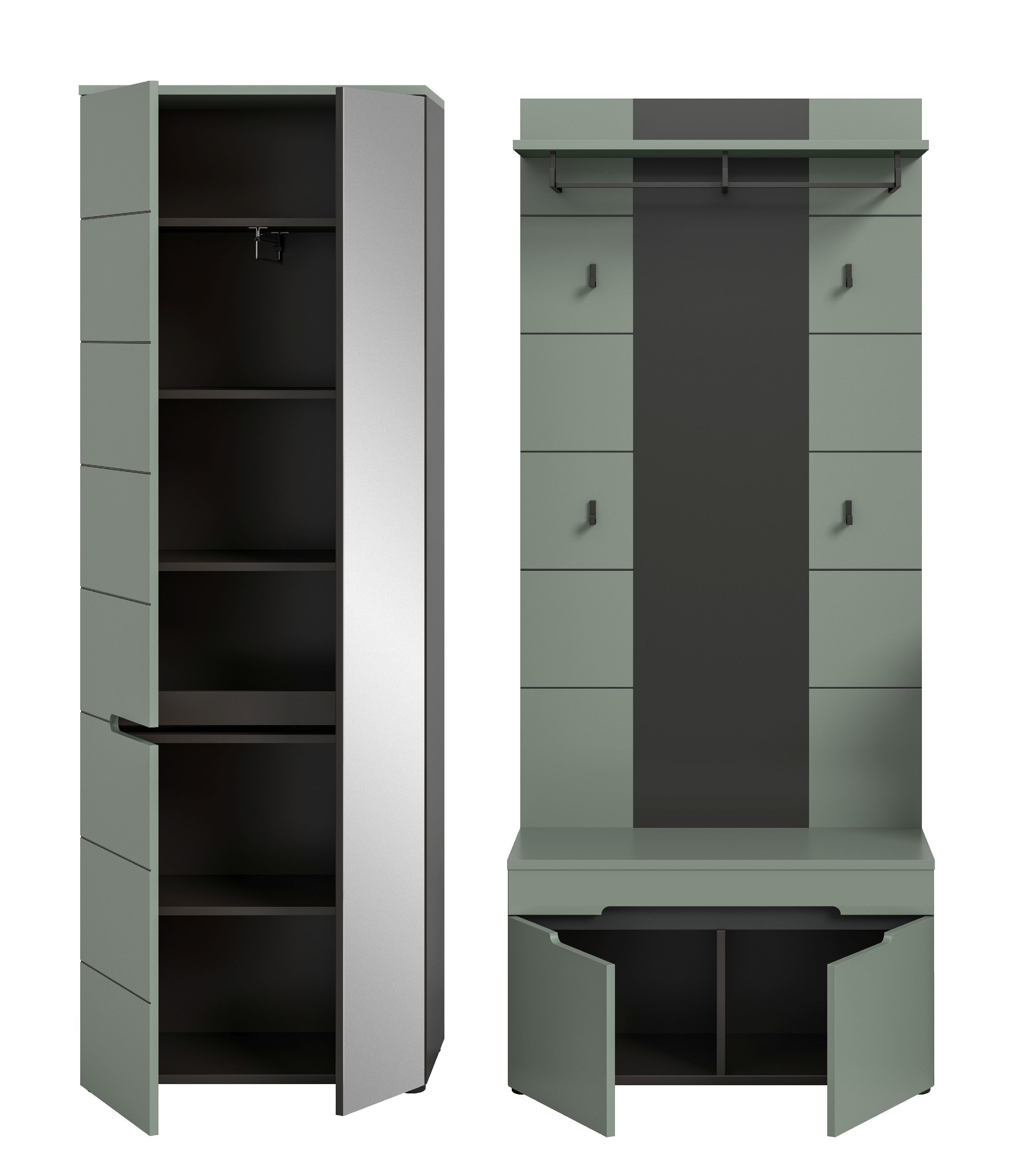 xonox.home Garderoben-Set, (3tlg. Set inkl. Garderobenschrank, Sitzbank, Paneel), Smoke Green Melamin beschichtet modern 160x190x37 cm