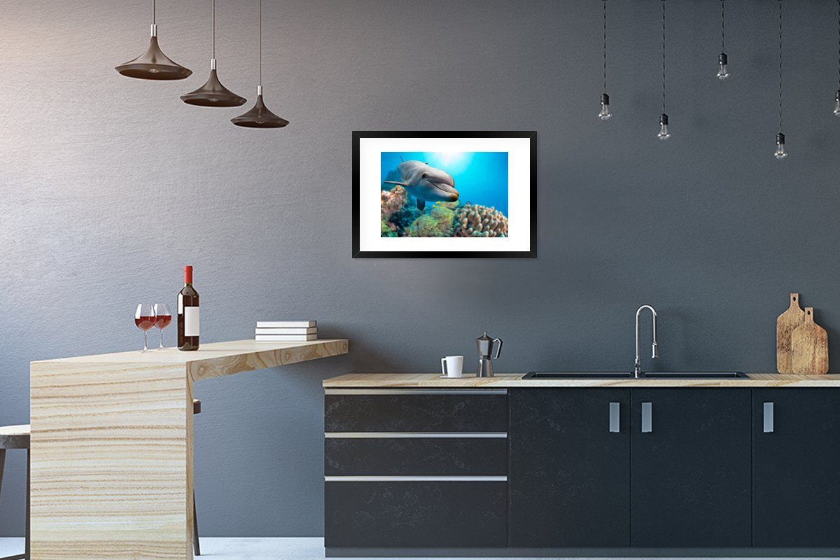 MuchoWow Poster Delfin - Meer - Koralle, (1 St), mit Rahmen, Kunstdruck, Gerahmtes Poster, Schwarzem Bilderrahmen