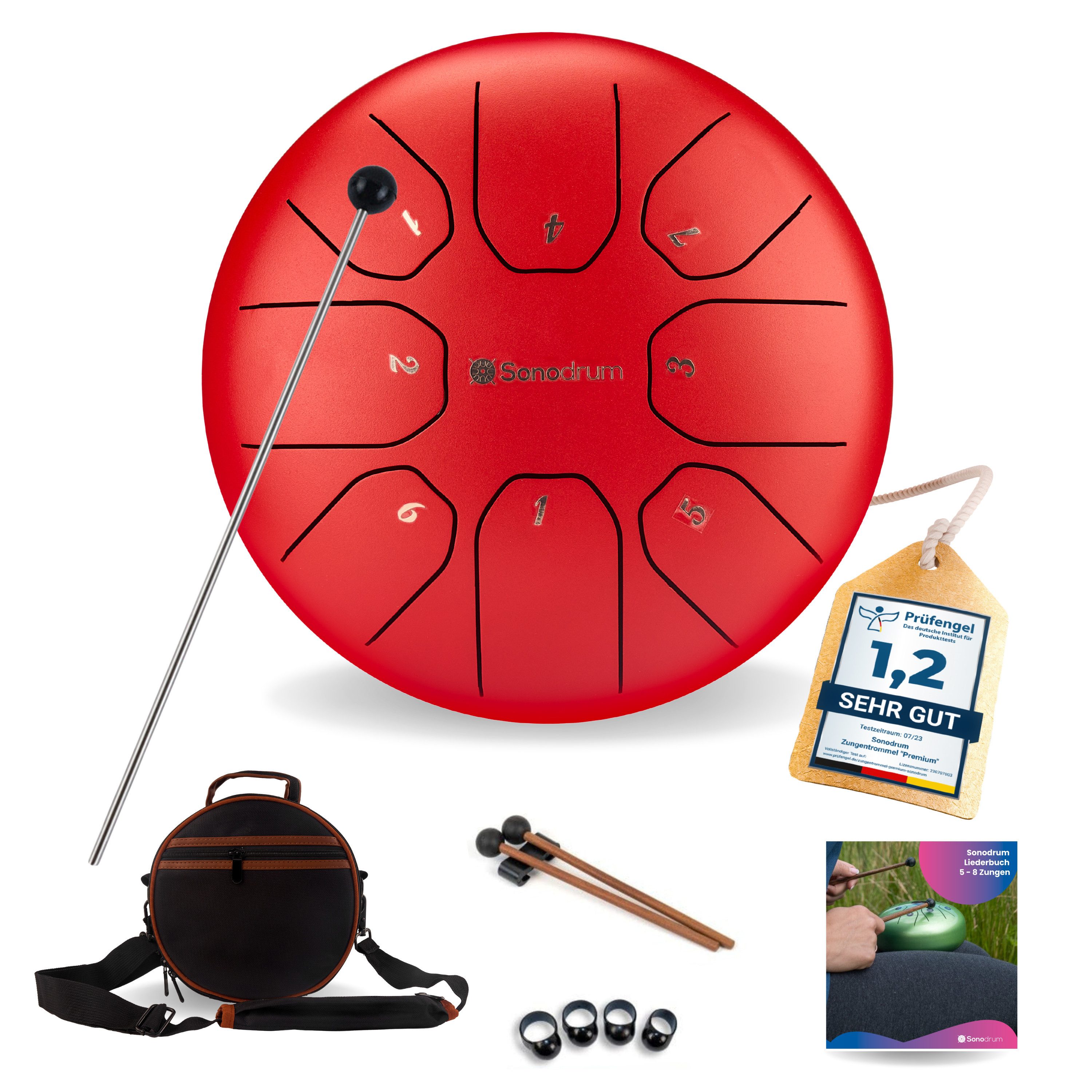 Sonodrum Steel Tongue Drum "Standard", C-Dur, 20 cm, 8 Zungen inkl. Liederbuch und Tragetasche