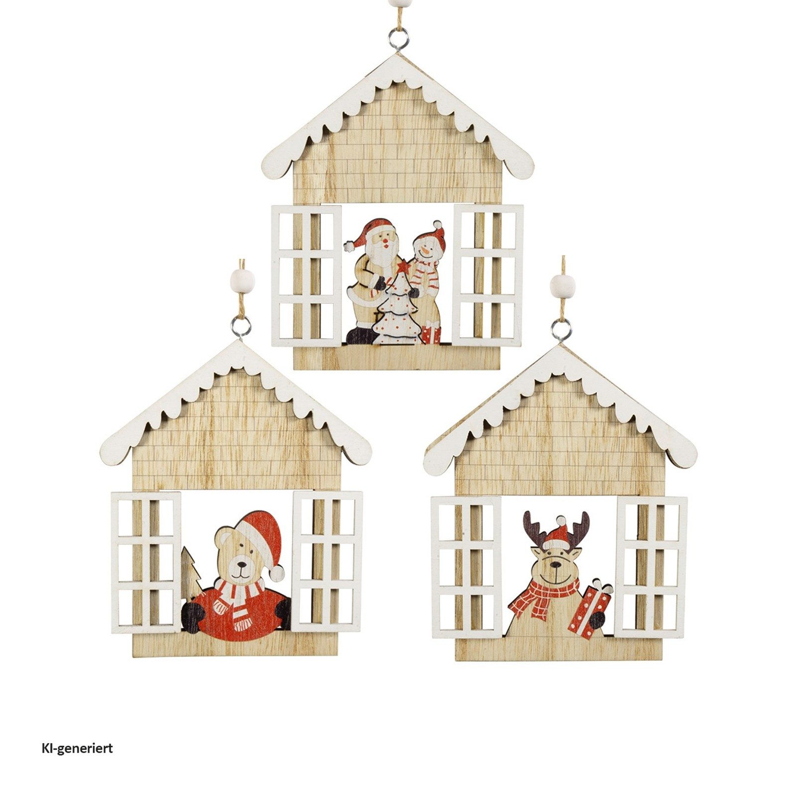 HTI-Living Christbaumschmuck Baumschmuck Häuschen Fenster, 3er Set Holz (3-tlg), Weihnachtsschmuck Christbaumschmuck