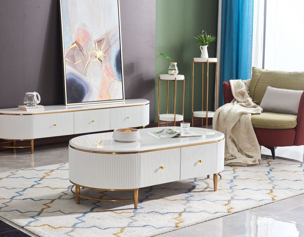Couchtisch Moderne Möbel 130 Gold Couchtisch / / 4 x Schubladen 42 mit Luxus - Casa cm Moderner H. Weiß Wohnzimmertisch 70 Messingfarben x - Padrino