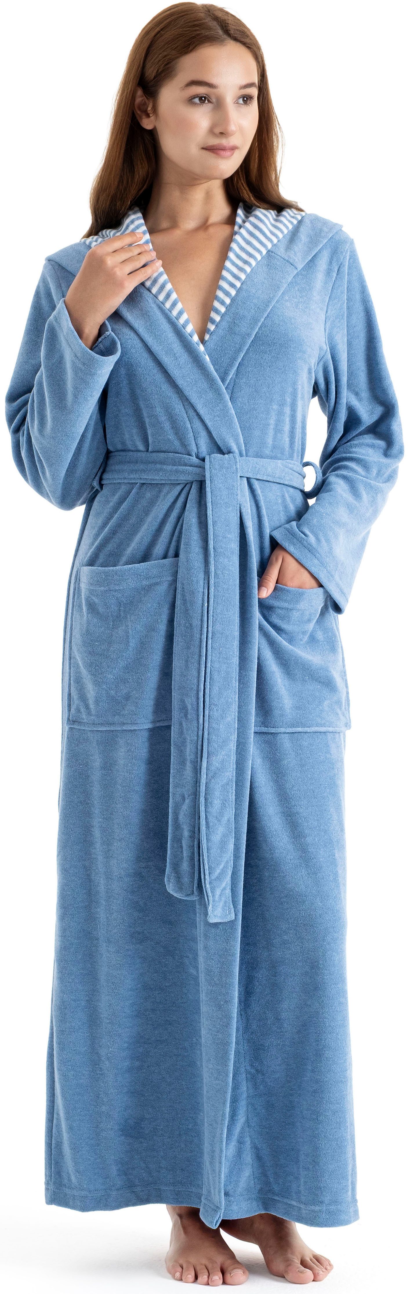 KangaROOS Damenbademantel Dalia, ideal für Sauna & Spa, Standardlänge & Überlänge, Langform, Leichtfrottier, Kapuze, Gürtel, Uni-Farben mit Streifen, Taschen, leicht, XS-3XL, auch in extra lang
