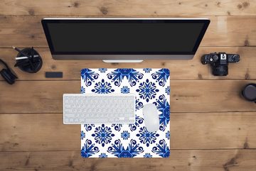 MuchoWow Gaming Mauspad Fliese - Blume - Blau - Muster (1-St), Mousepad mit Rutschfester Unterseite, Gaming, 40x40 cm, XXL, Großes
