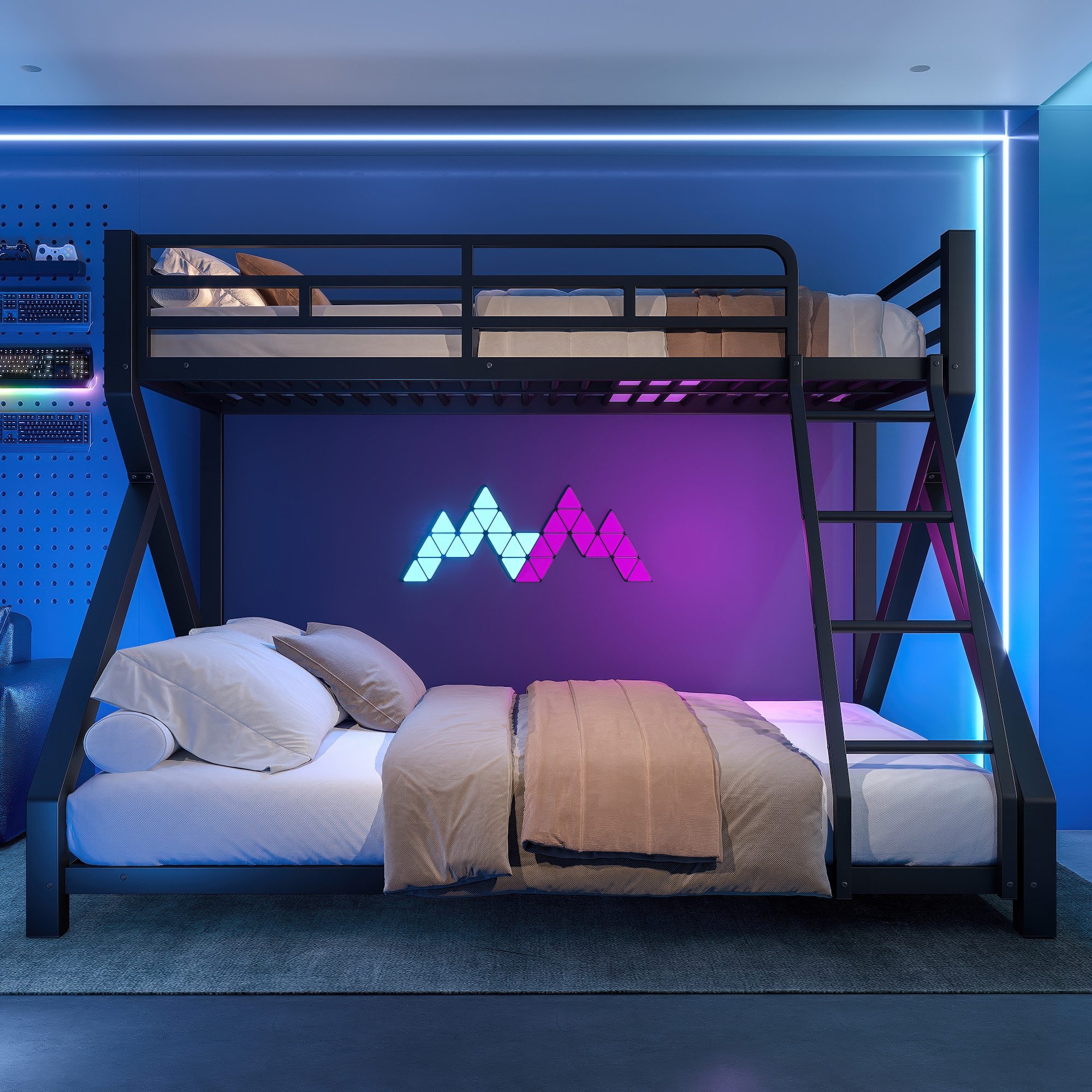 Flieks Etagenbett, Kinderbett Metallbett 90/140x200cm mit LED-Lichtleiste Schrägleiter