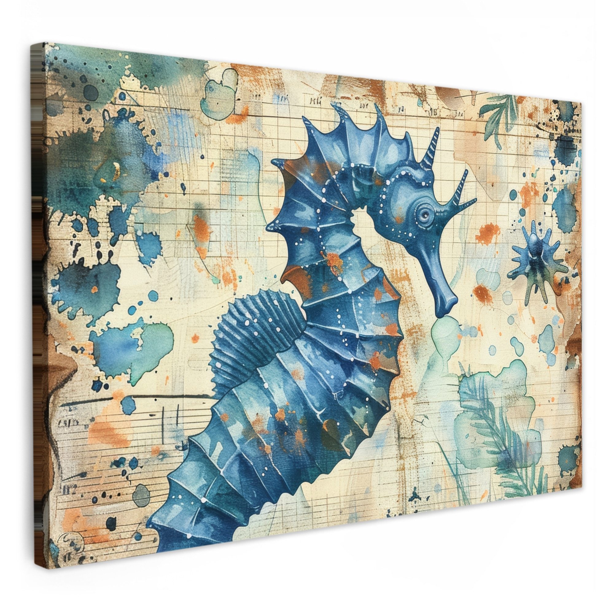 Leinwandbild Vintage - Meerestiere - Seepferdchen - Aquarell - Blau