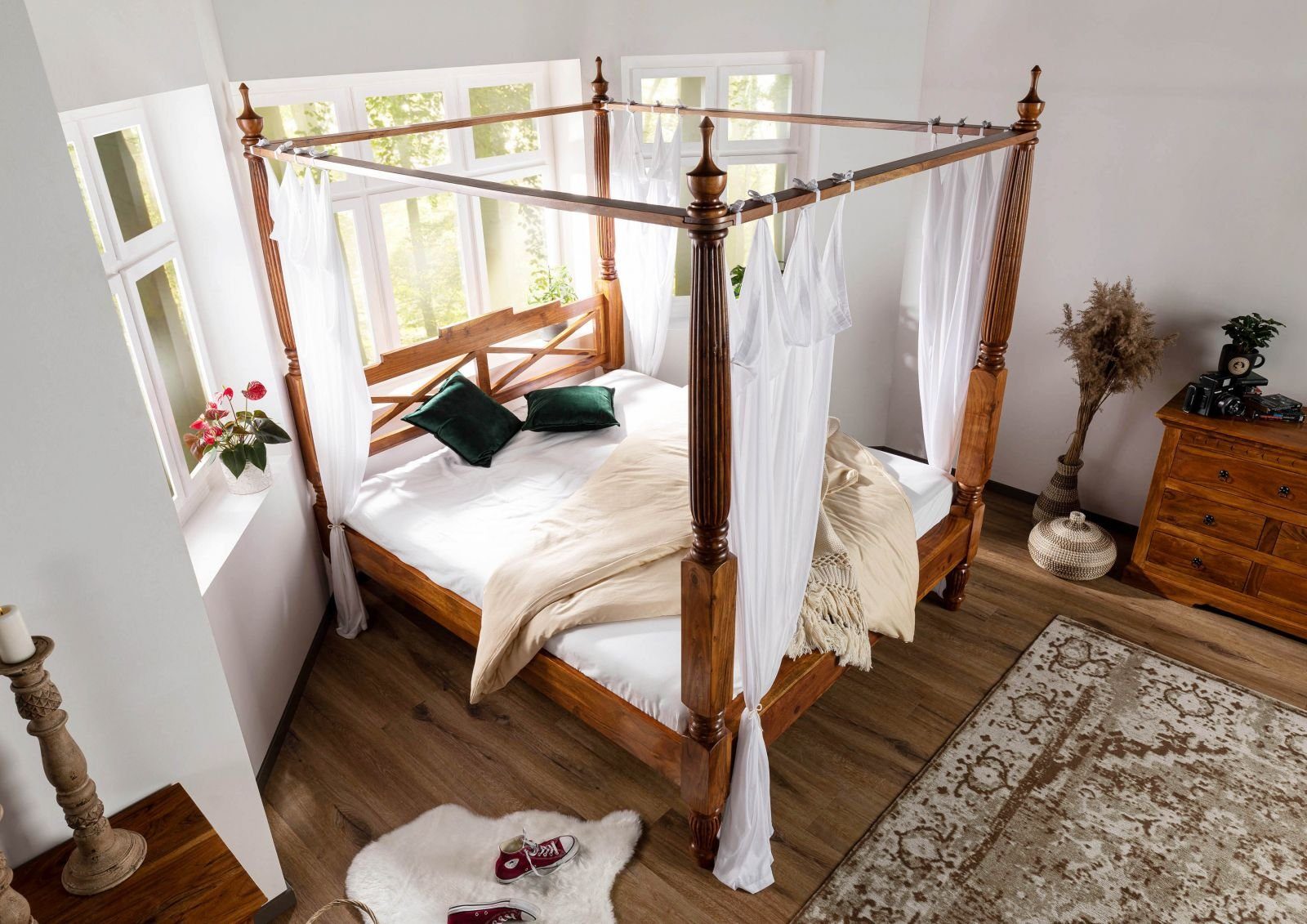 Massivmoebel24 Massivholzbett (Himmelbett Akazie 180x200x224 honig günstig online kaufen