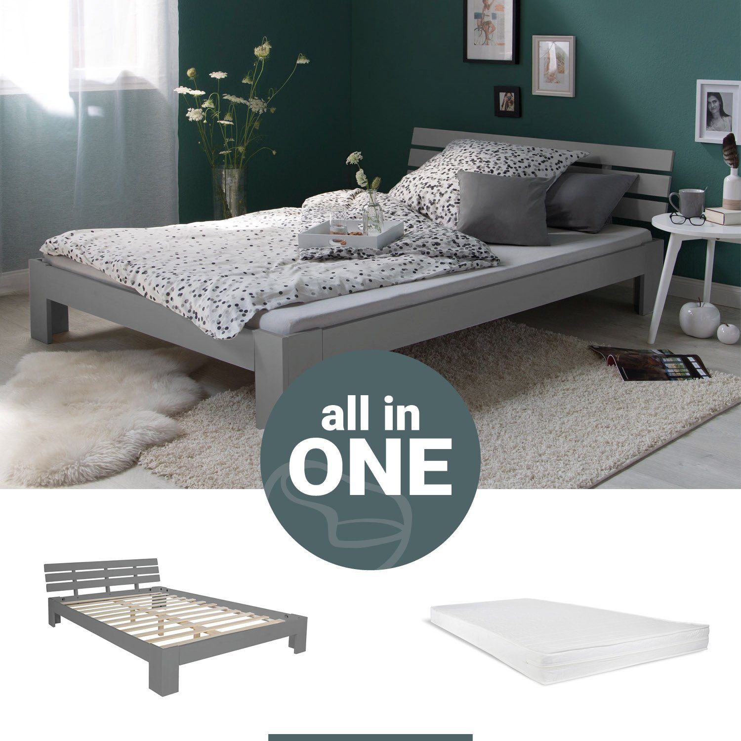 Homestyle4u Holzbett 140x200 Doppelbett Bett Grau günstig online kaufen