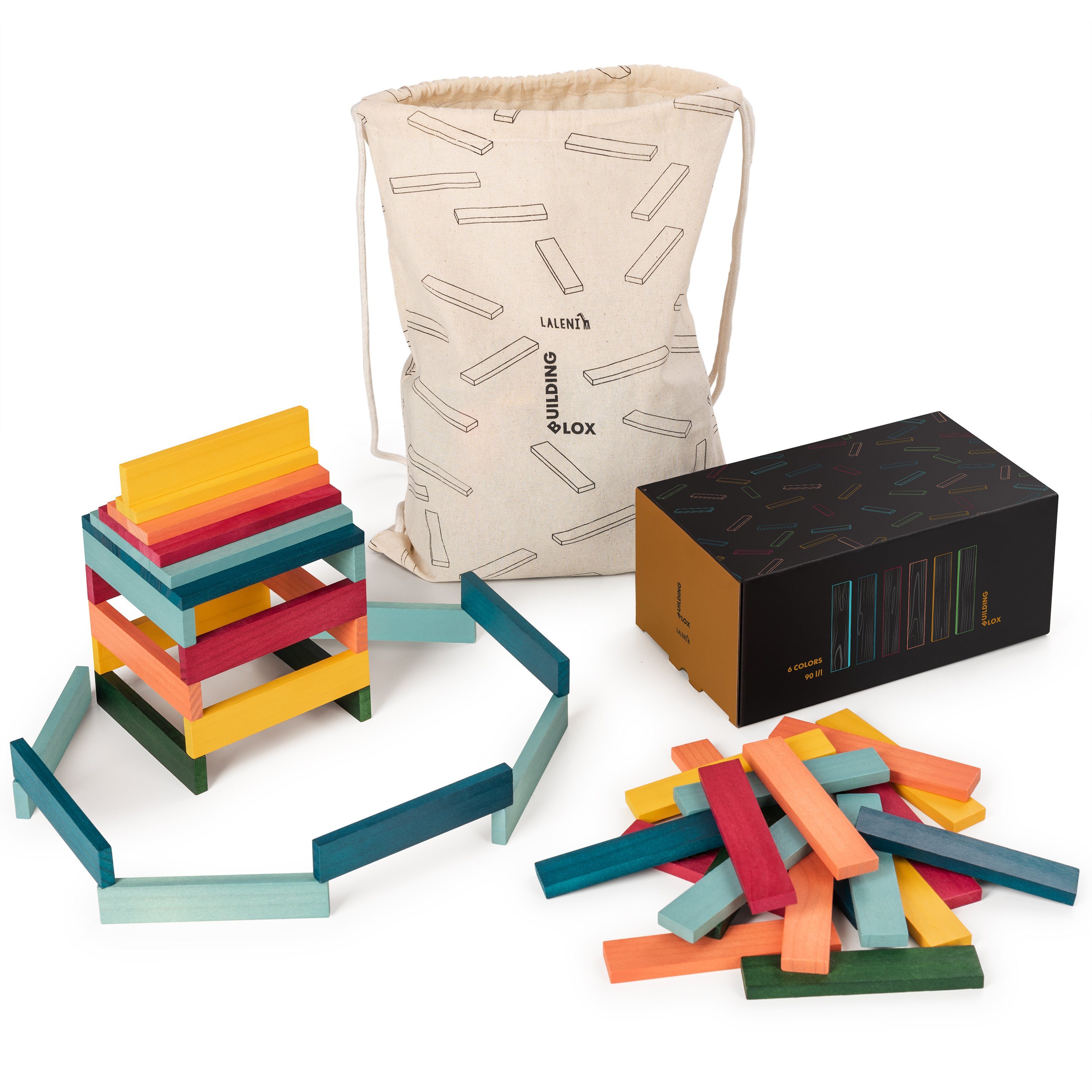 Laleni 90 Holzbausteine 6 Farben, mit Beutel Holzbaukasten, Natur