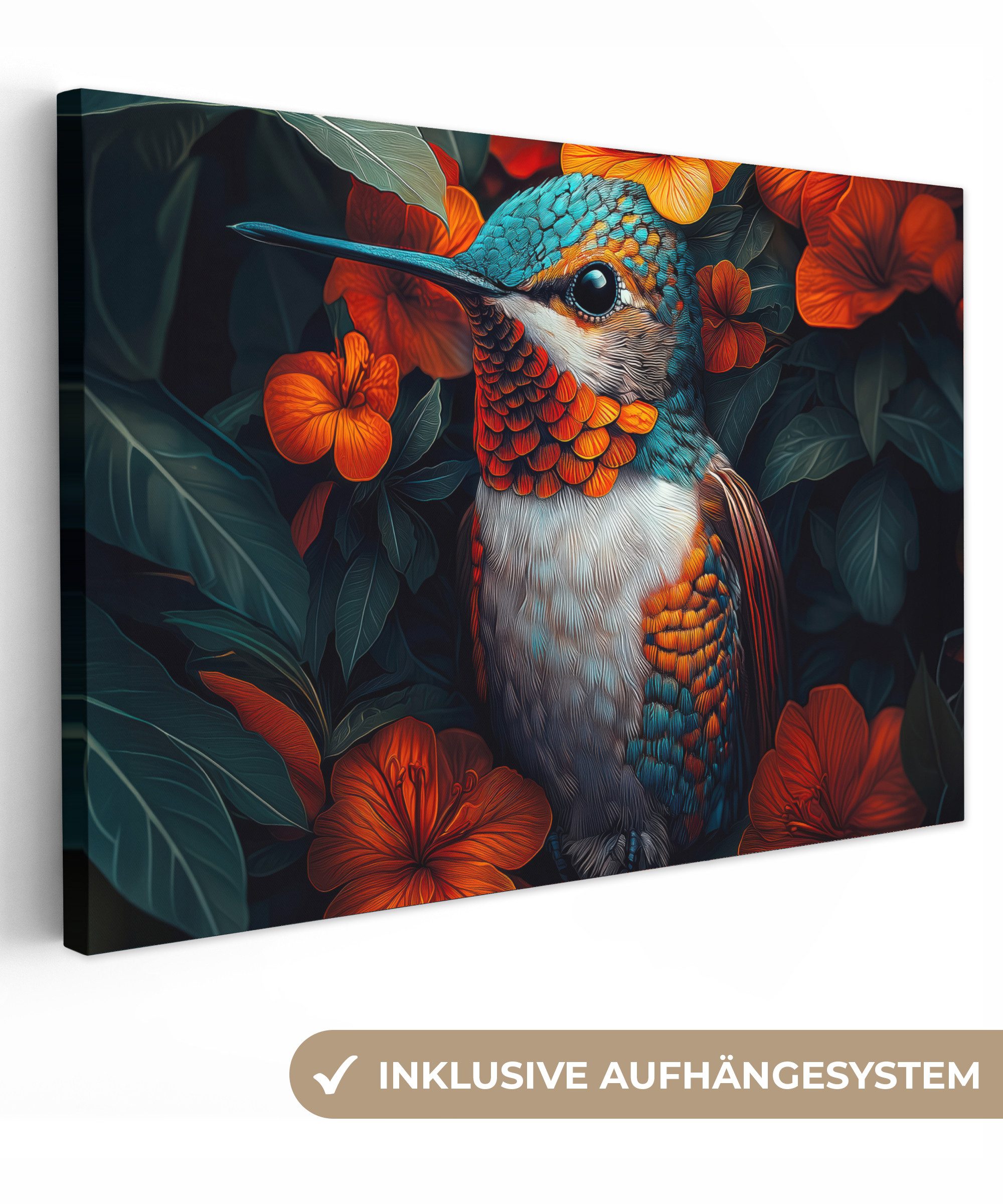 OneMillionCanvasses® Leinwandbild Kolibri - Vogel - Farbenfroh - Orange Blumen, Fotodruck (1 St), Leinwand Bilder Klein, Wand Dekoration Aesthetic 30x20 cm