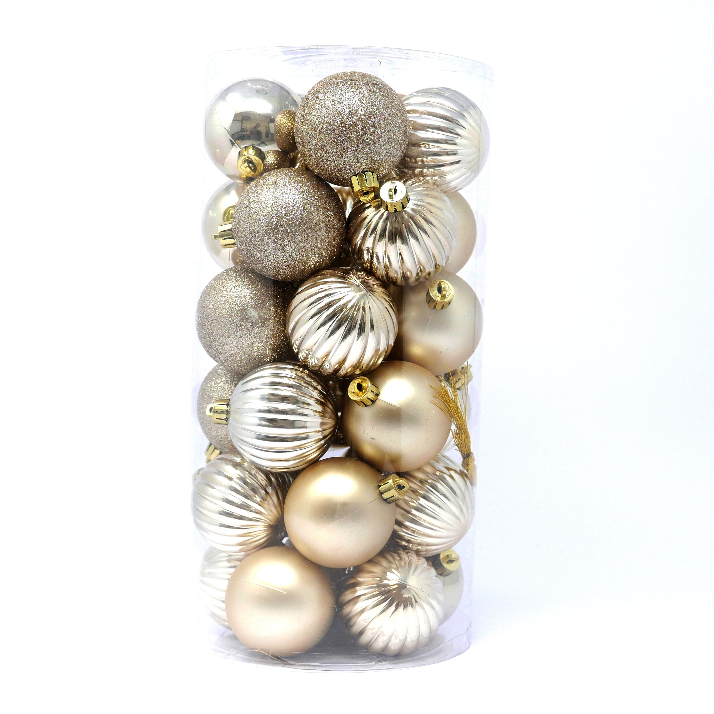 B&S Weihnachtsbaumkugel Kugel Ø 6 cm Kunststoff champagner 30 teilig Glatt, Rille, Glitzer (30 St)