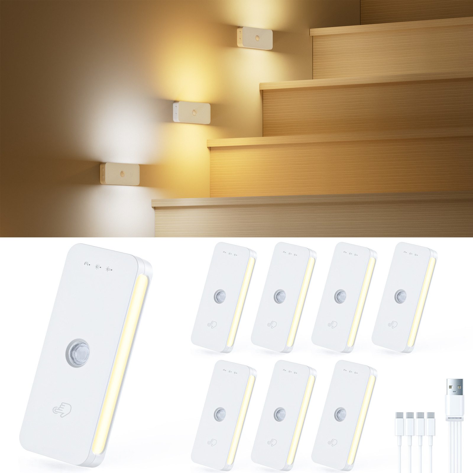 skelo LED Nachtlicht Nachtlicht Mit Bewegungsmelder, Aufladbar Treppenlicht Innen, 3 Modi, Auto/ON/OFF, LED fest integriert, Warmweiß (3000K), Neutralweiß (4500K) und Kaltweiß (6000K), 3 Farbtemperaturen, dimmbare Treppenbeleuchtung für Küche & Flur