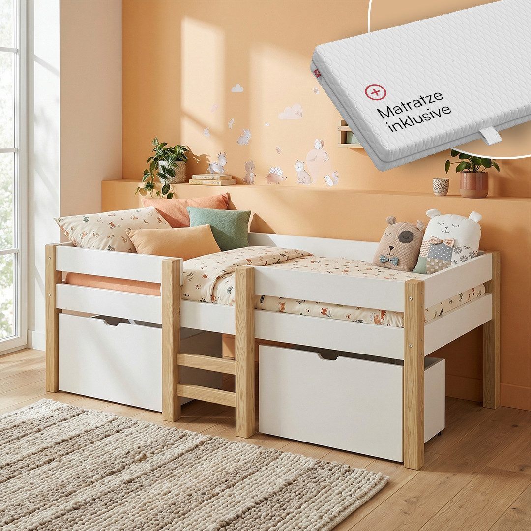 Bellabino Hochbett Aspy mit Rausfallschutz und Lattenrost 90x200 cm (natur günstig online kaufen