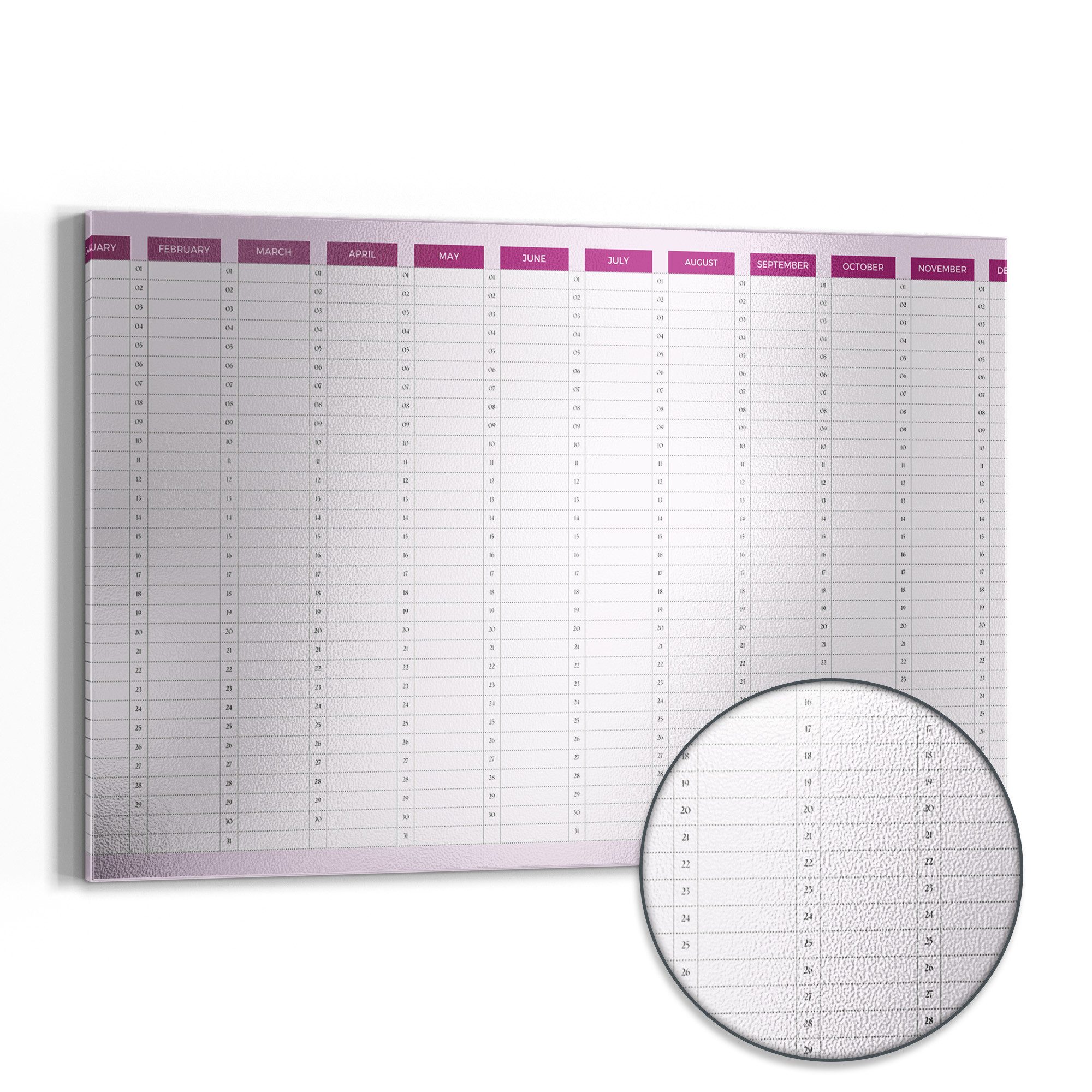 DEQORI Magnettafel 'Jahresplaner Pink (EN)', Metall Whiteboard für alle Magnete, Magnetboard magnetisch