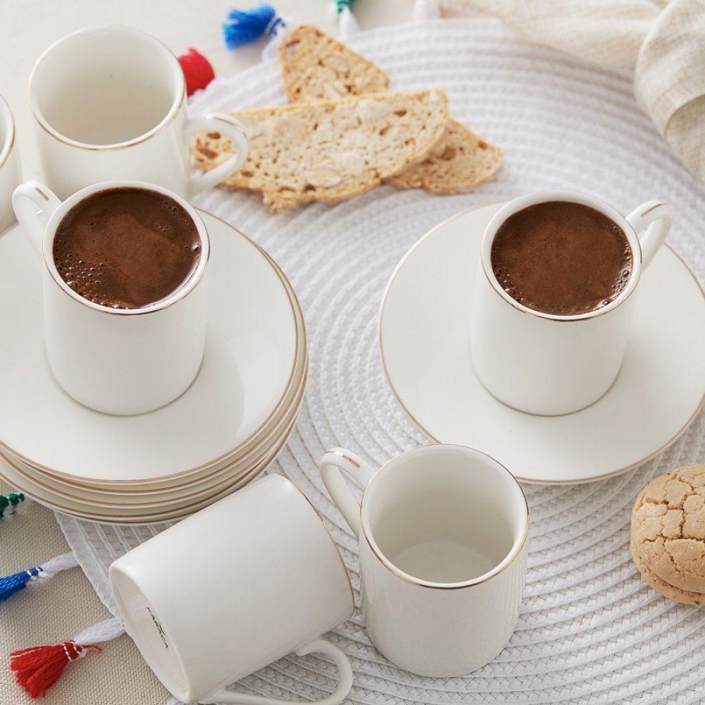 Karaca Kaffeeservice Elda 80 ml Kaffeetasse mit Untertasse Set für 6 Personen - Weiß, 6 Personen