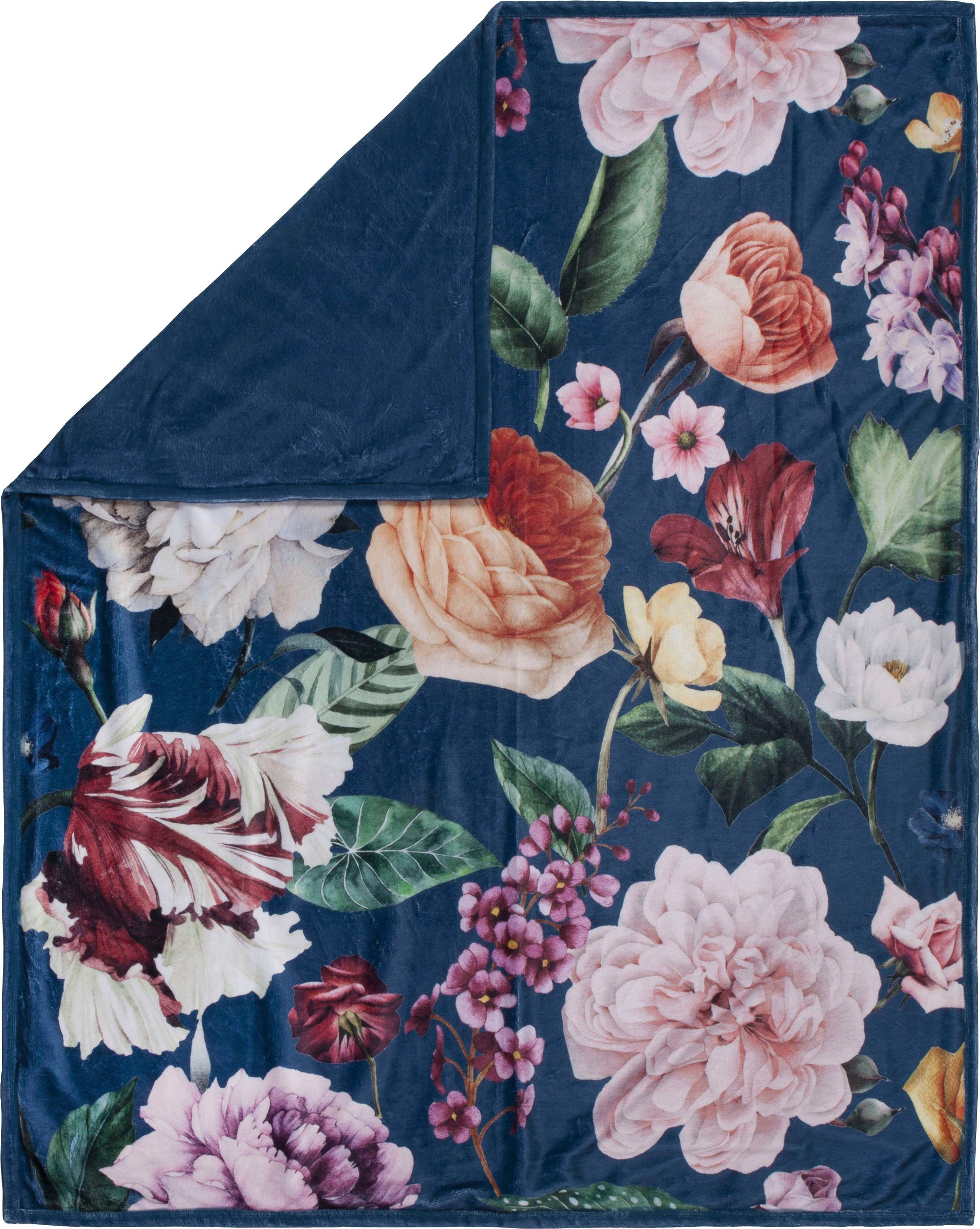 Fiori, blau mit Plaid Descanso, Kuscheldecke Umschlagsaum,