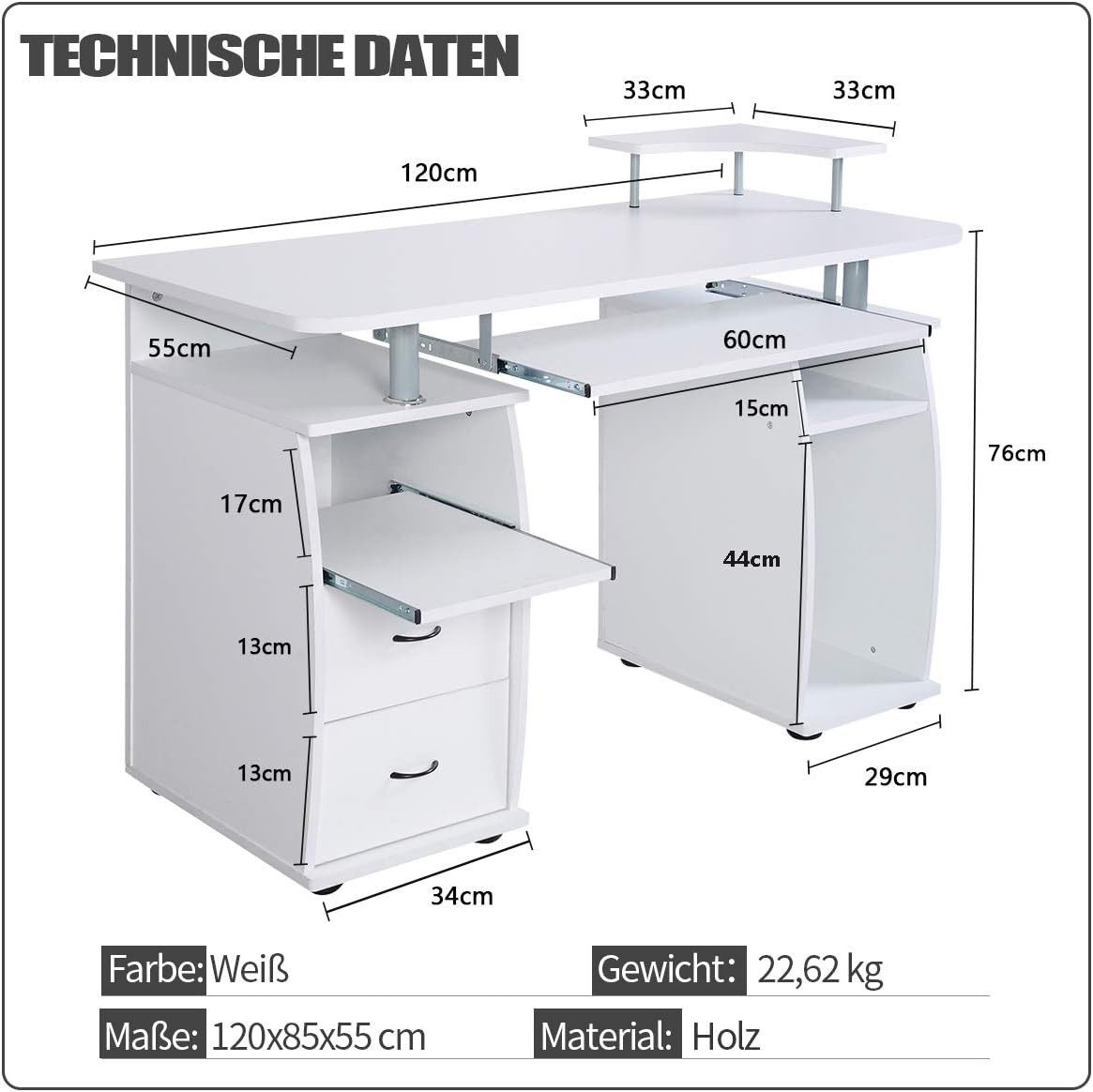 KOMFOTTEU Computertisch Schreibtisch, mit Tastaturauszug, 120x55x76cm, Weiß günstig online kaufen