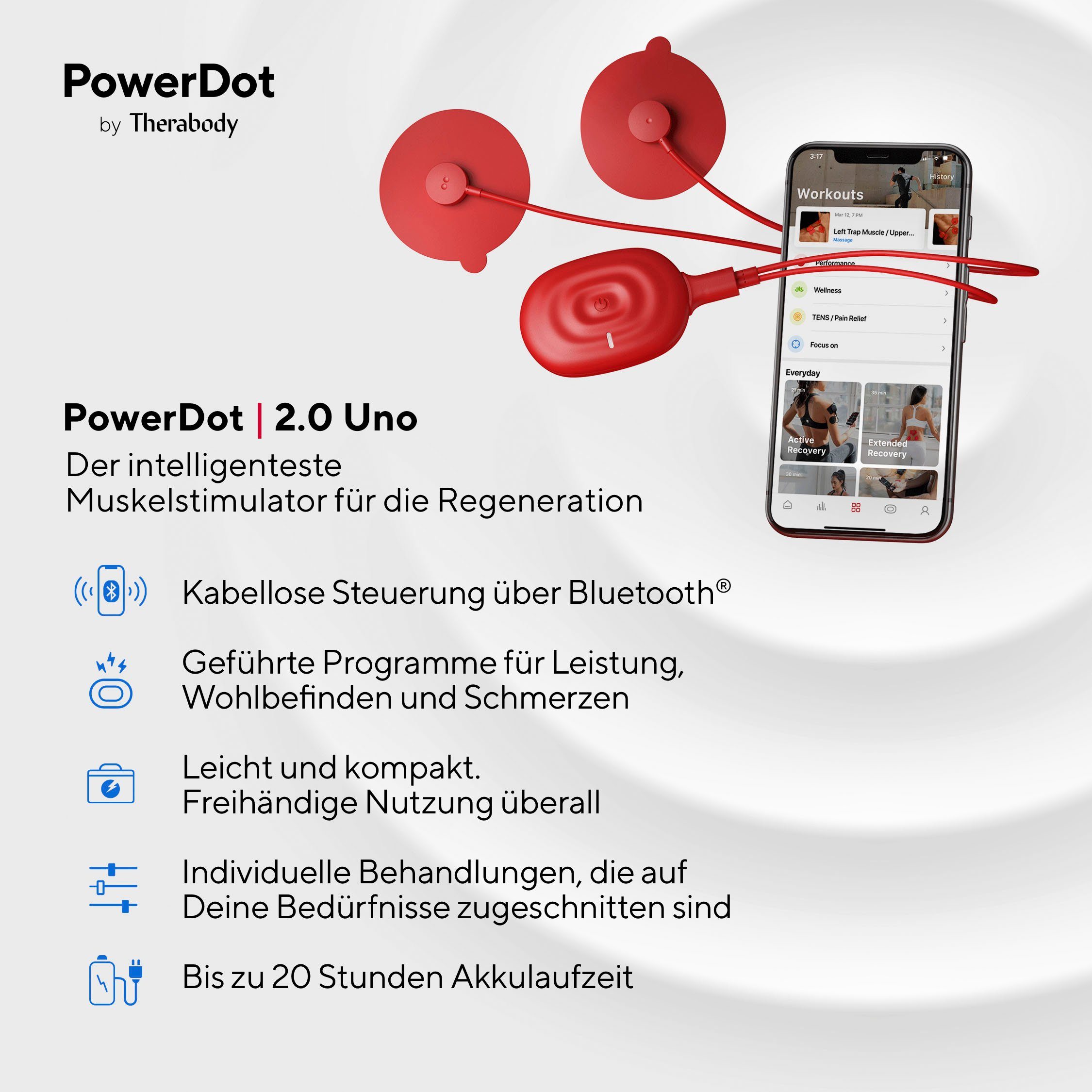Therabody TENS-EMS-Gerät PowerDot UNO RED 2.0 Muskelstimulator, bis zu 20 Stunden Akkulaufzeit, Schmerzlinderung, Muskelaufbau, Muskelerholung