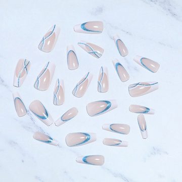 AUKUU Kunstfingernägel Einfache Einfache Linie blauer Glitzer mittlere, Ballett-Maniküre-Nagelaufkleber süßer Stil tragbare Nägel