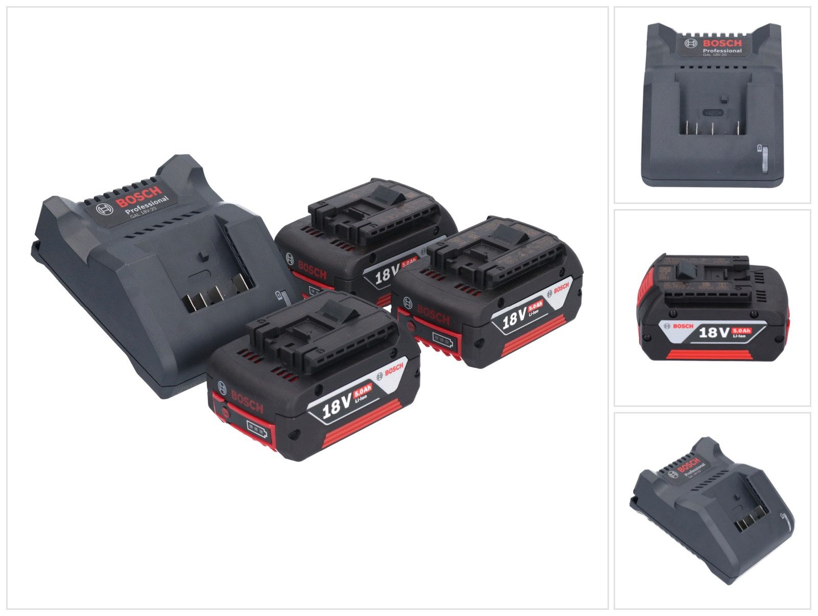 Bosch Professional GAL 18V-20 Akku Ladegerät 10,8 - 18 V 2 A (2607226281) + 3x GBA 18 Schnelllade-Gerät