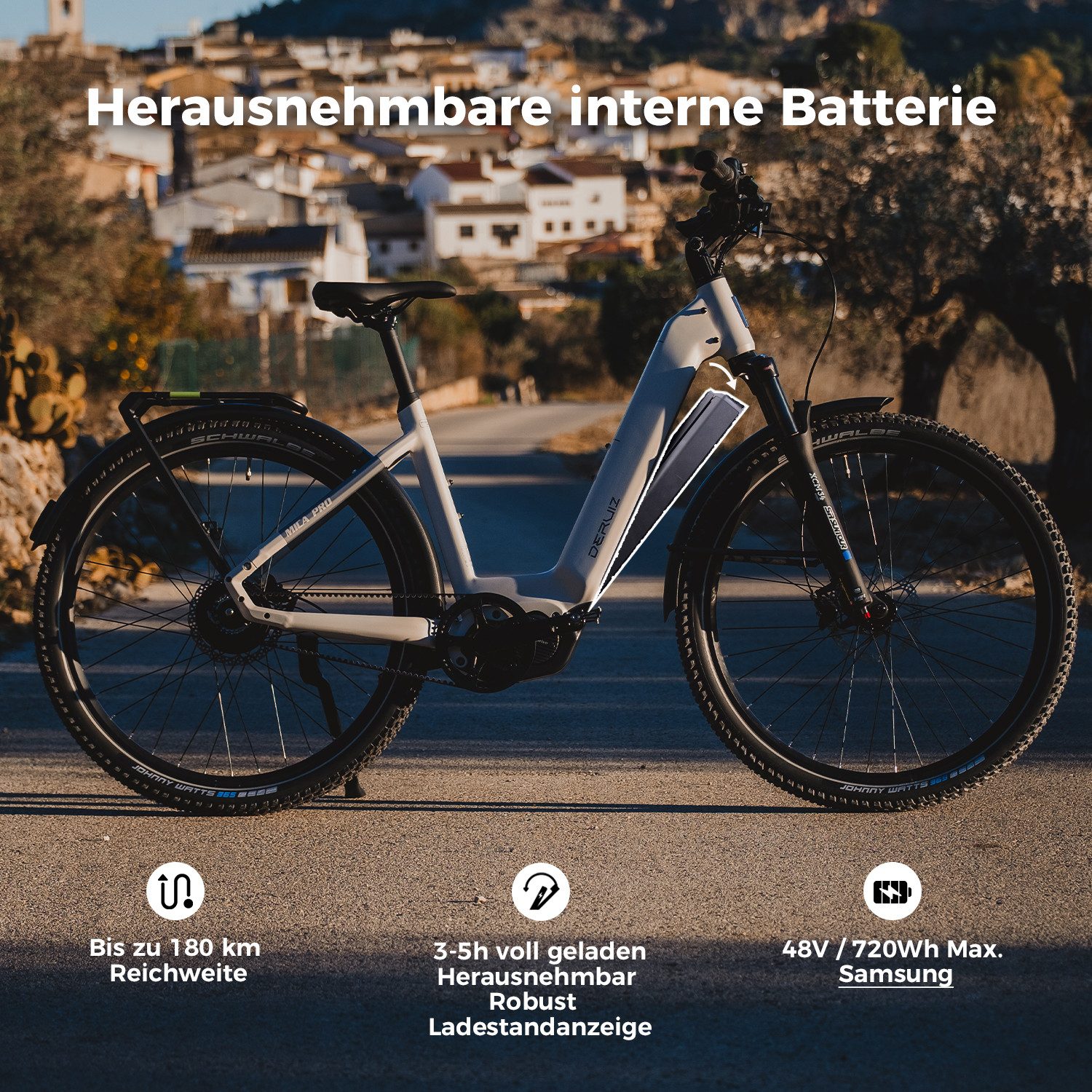 DERUIZ E-Bike Mountainbike 28 Zoll Mica Pro, 110 Nm, bis zu 180 km, 180 kg Gesamtgewicht, Nabenschaltung, Mittelmotor, 720 Wh, (Trittfrequenz- und Drehmomentsensor, Lockout-Federgabel, Tiefeinsteiger), Gates CDX, ENVIOLO stufenlos, 100-mm-Federgabel, App-Navigation