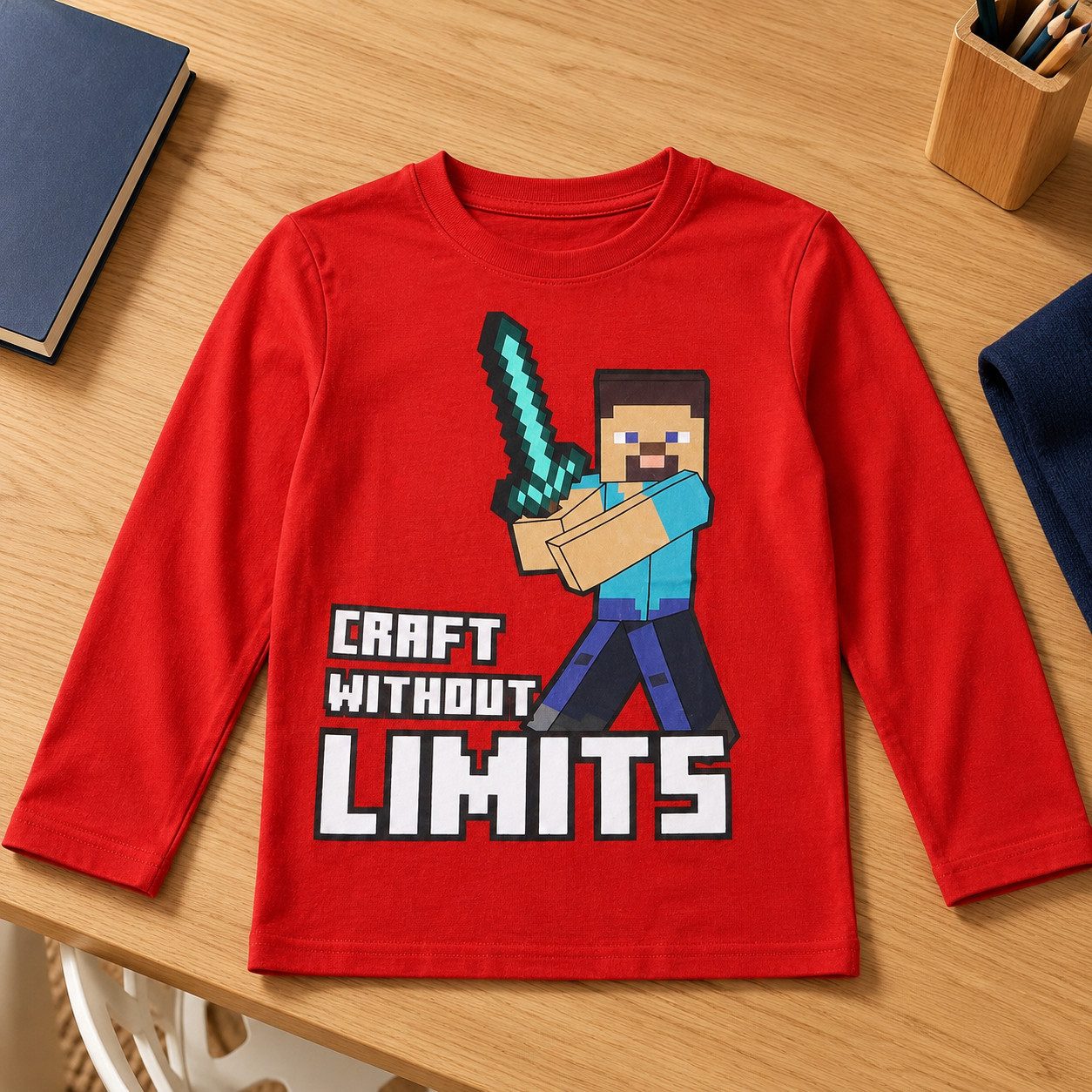 Minecraft Langarmshirt Minecraft Steve Red Gamer Kinder langarm Shirt Gr. 116 bis 152, Baumwolle, in Rot