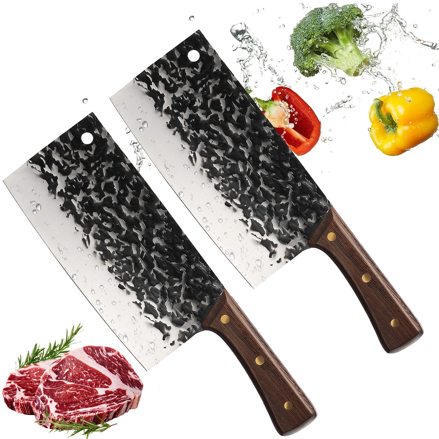 oyajia Hackmesser Kochmesser, Klingenlänge 20cm Hack Edelstahl Antike Schmiedemethode, Küchenmesser mit Messerschärfer für Haus,Küche, Ergonomischem Griff