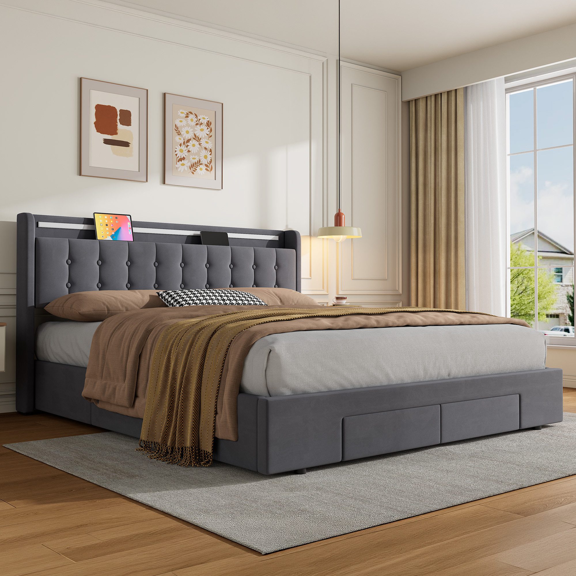 HAUSS SPOLE Polsterbett Stauraumbett mit Bettkasten,Einzelbett- oder Doppelbett erhältlich (180×200 Bettgestell Komfort-Doppelbett Schlafzimmerbett aus Samt, stabile Stahl-Holz-Konstruktion für hohen Schlafkomfort), Bettrahmen ohne Matratze