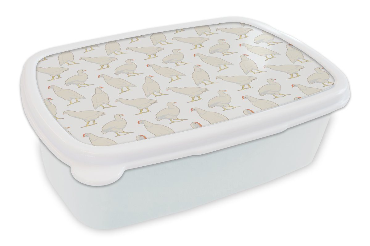MuchoWow Lunchbox Vogel - Hühner - Muster, Kunststoff, (2-tlg), Brotbox für Kinder und Erwachsene, Brotdose, für Jungs und Mädchen weiß