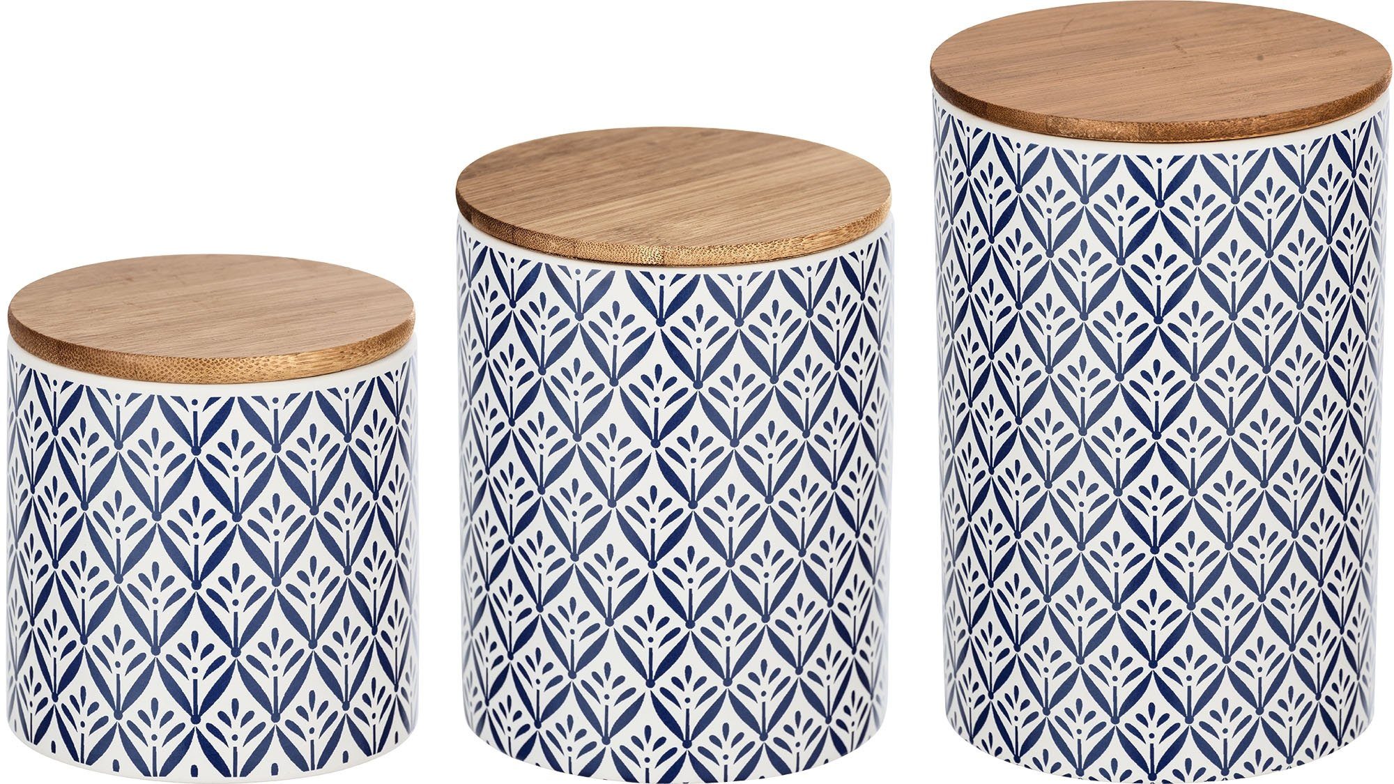 WENKO Vorratsdose Lorca, Bambus, Keramik, (Set, 3-tlg), im mediterranen Ornamenten-Muster in Blau-Weiß, 1,45/0,95 und 0,45 l
