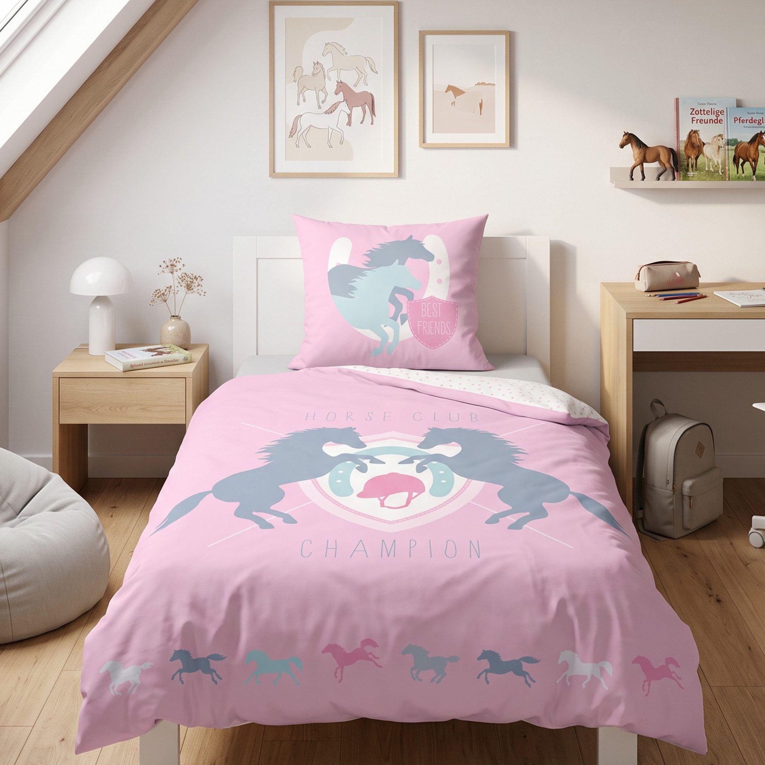 MTOnlinehandel Bettwäsche 135x200 + 80x80 cm Biber „Horse Club“ Pferde-Motiv warm & kuschelig, 100% Baumwolle, 2 teilig, mit detailreichem Wende-Design