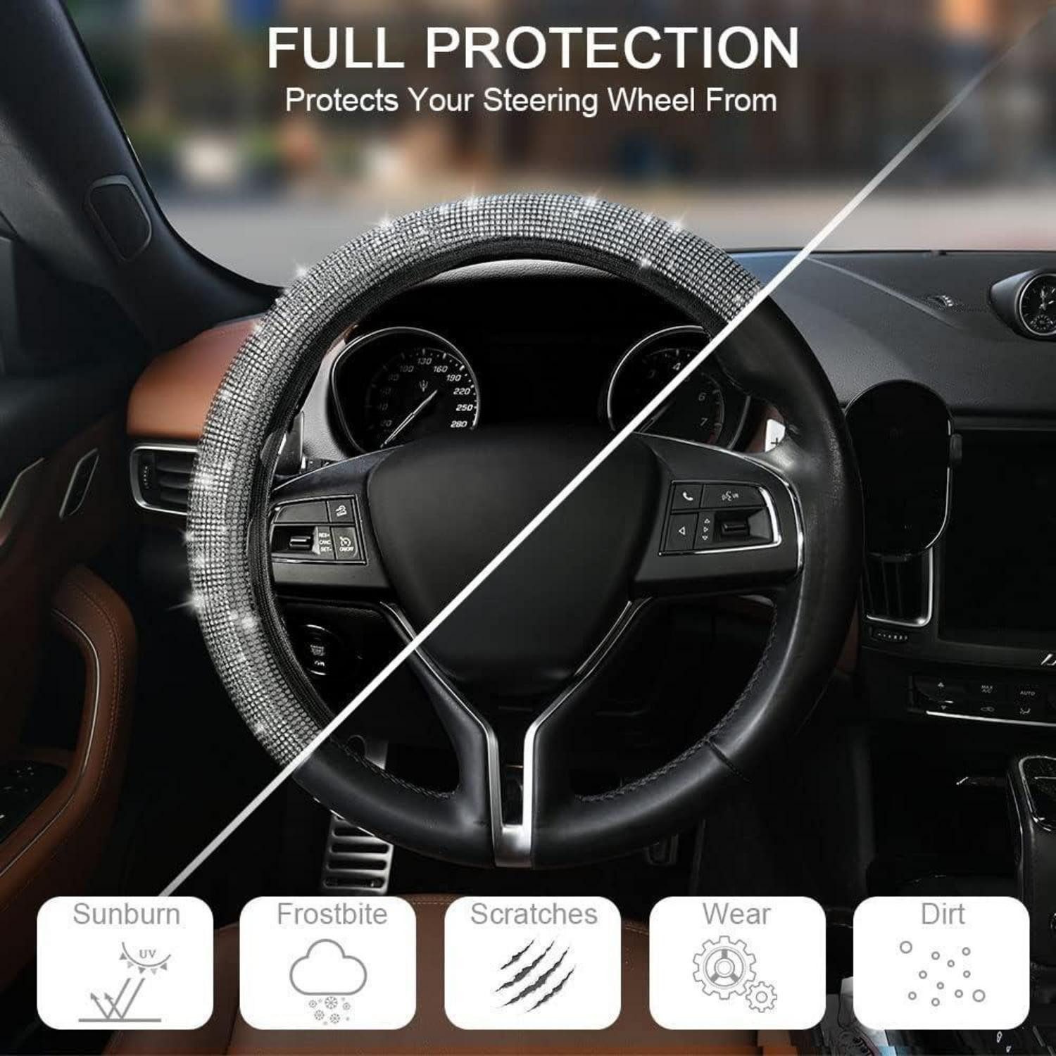 Luxury Collection Car Floor Mat Steering Wheel Cover Universal Car Glitter Rhinestones Decoration Women Silver