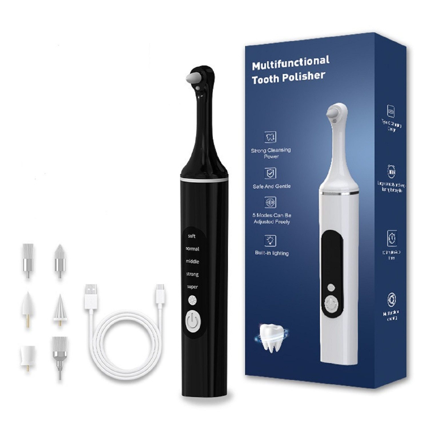 COOL-i ® Mundpflegecenter Zahnpolierer Set mit LED & 5 Modi& 6 Köpfen, Für kosmetische Zahnpflege, sanftes Aufhellen & frischen Atem