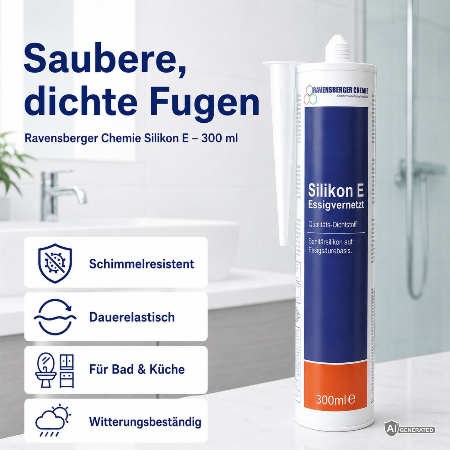 Ravensberger Chemie Silikon E Essigvernetzt – Sanitärsilikon Transparent 300 ml, Silikon, gebrauchsfertig, (1x 300ml Kartusche von Ravensberger Chemie), Essigve – Bild 4 von 5