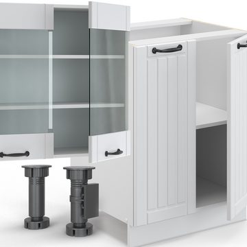 Livinity® Küchenzeile Fame-Line, Weiß Landhaus/Weiß, 300 cm mit Hochschrank, AP Marmor