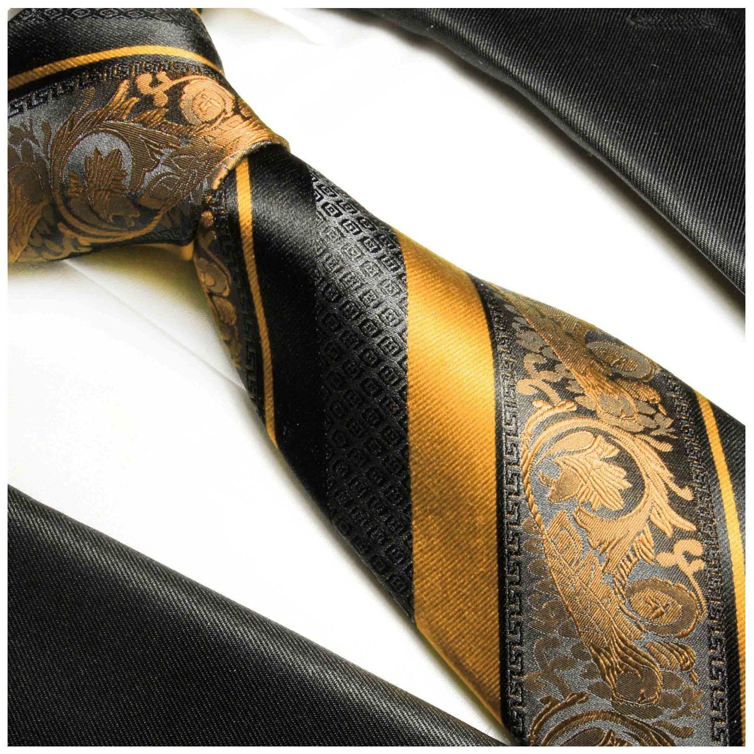 schwarz gold Herren 2-St., Paul (Set, gestreift Seidenkrawatte (8cm), Einstecktuch) Krawatte Schlips Tuch mit 495 barock gelb Krawatte 100% Seide Breit mit Malone