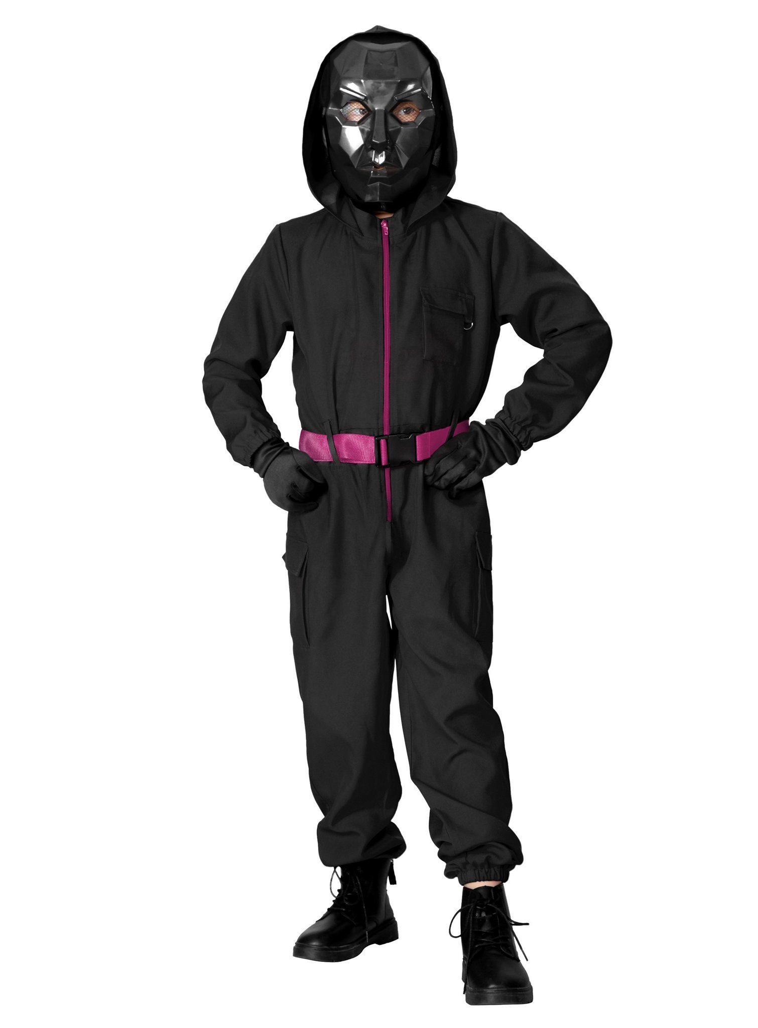 Maskworld Kostüm Squid Game Offizier Faschingskostüm Kinder Karneva, Schwarzer Overall des Offiziers in Anlehung an die koreanische Serie