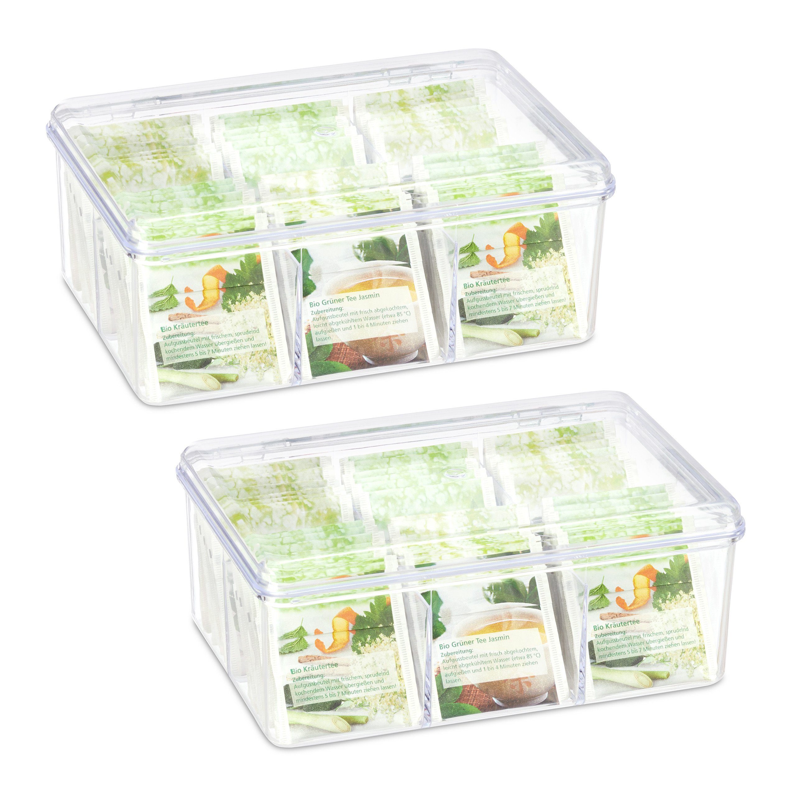 Teebox mit x 6 Fächern, relaxdays 2 transparent Teebox Kunststoff