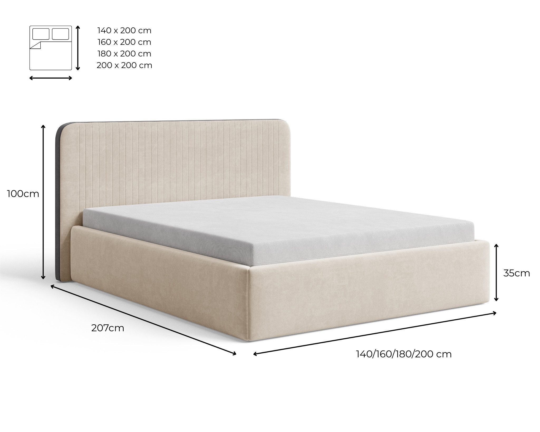 Chilly Möbel Polsterbett Sandy 140x200 – Stilvoll mit integriertem Stauraum, Velvet 08, Beige