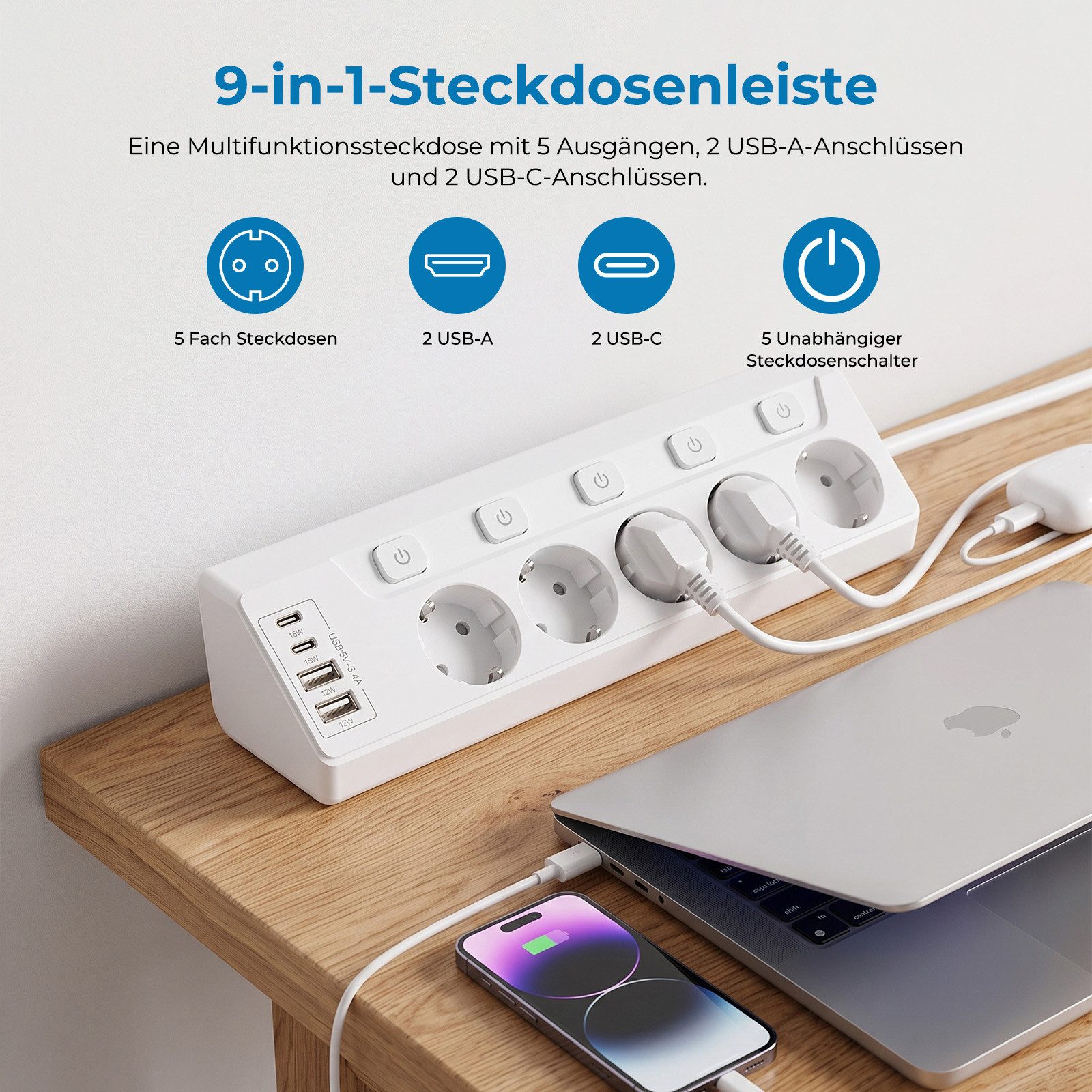AKKEE Tischsteckdosenleiste mit 4/5/6 Steckdosen, Unabhängigem Schalter Mehrfachsteckdose (2M Verlängerungskabel für Küche, Büro, Haushalt, Kabellänge 5 m), Ste – Bild 2 von 5