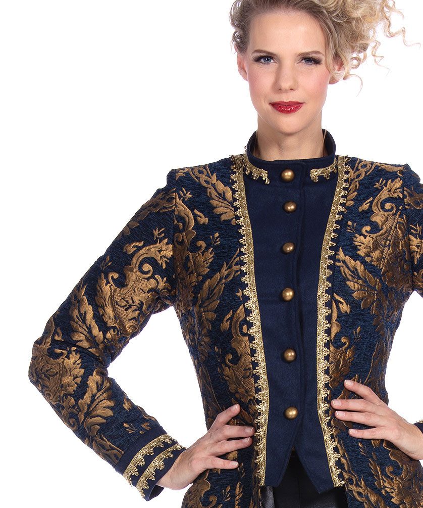 Karneval-Klamotten Kostüm Parade Frack Damen Hochwertig Brokat blau gold, S günstig online kaufen