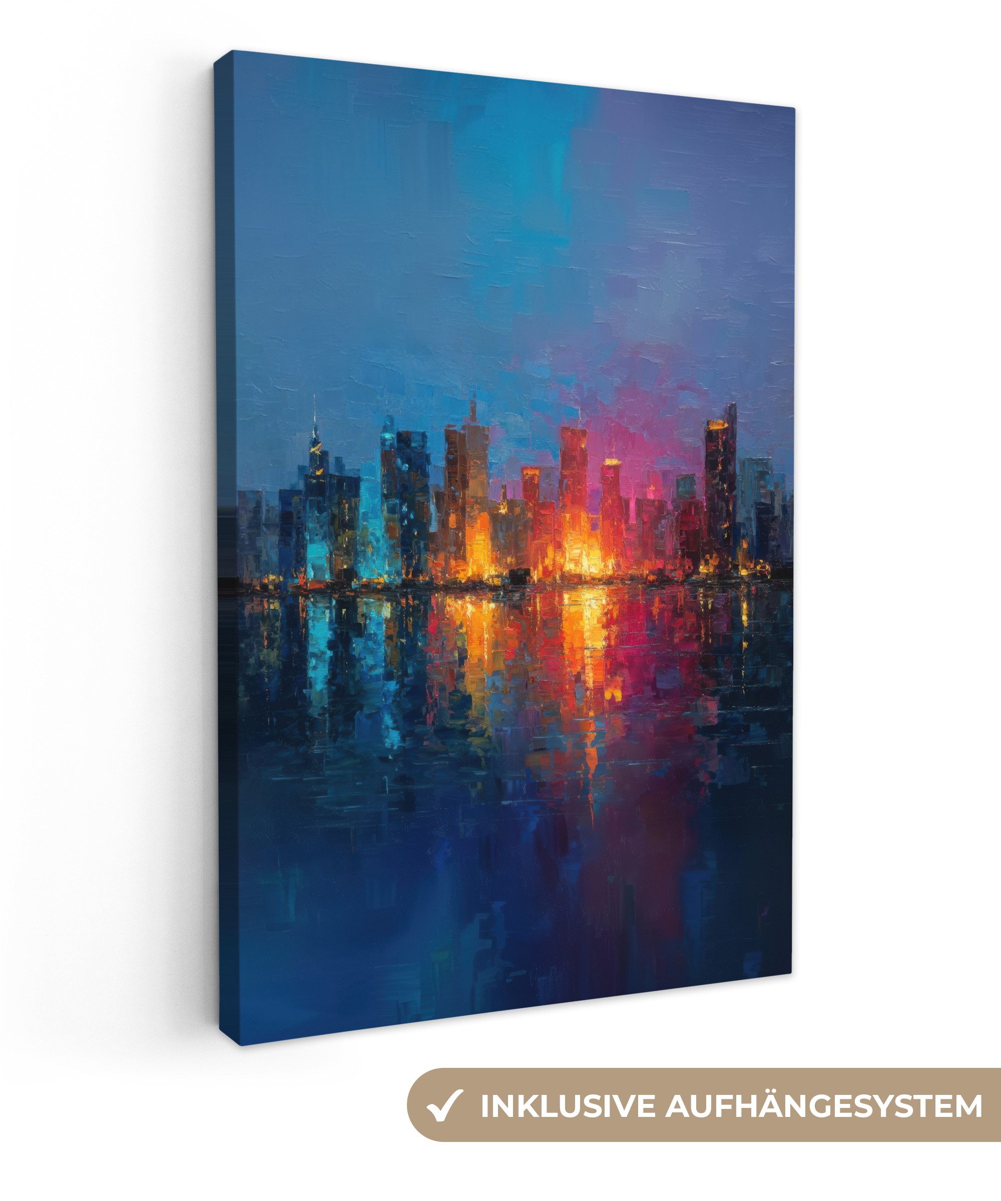 OneMillionCanvasses® Leinwandbild Skyline - Pinselstriche - Dunkelblau - Leuchtend, Fotodruck (1 St), Leinwand Canvas Wandbild, Wanddekoration 20x30 cm