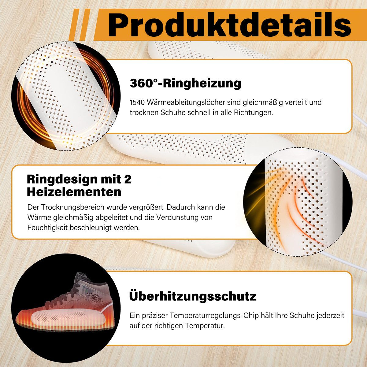MOPUEA Schuhtrockner Elektrischer Schuhtrockner UV geruchsentfernend Tragbarer+3 Modi Timer, Flammhemmend, 360° Wärmeverteilung, 3 Timer-Modi, tragbar