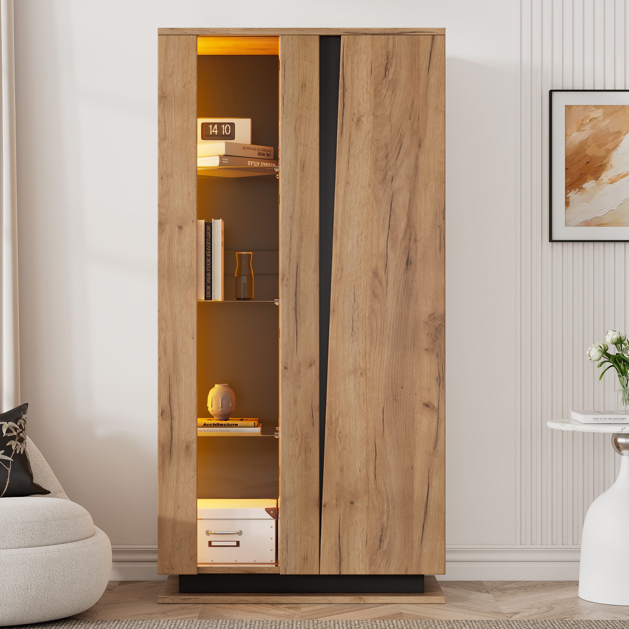 Merax Vitrine mit LED-Beleuchtung in Holzoptik mit Schwarz (Wohnzimmerschra günstig online kaufen