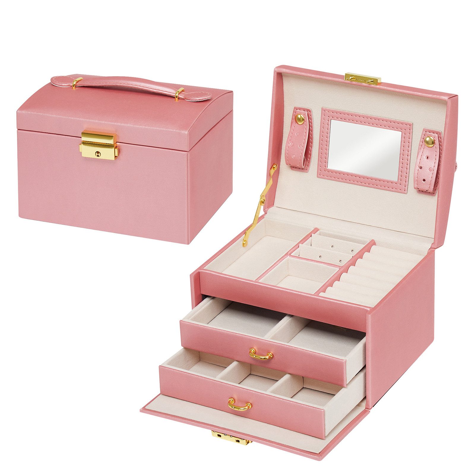 Mondeer Schmuckkasten Schmuckbox, abschließbar, 3 Ebenen, mit Spiegel und S günstig online kaufen