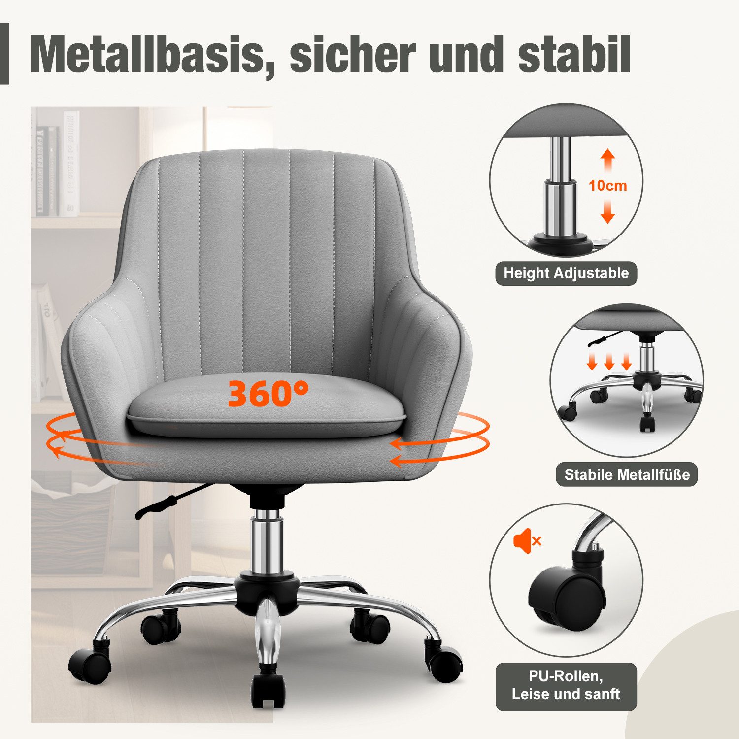 Adormii Bürostuhl Homeoffice Stuhl,Schminkstuhl mit Armlehnen,Drehstuhl mit Rrollen (Samt Stuhl,höhenverstellbar,für Schminktisch,Arbeitszimmer, Schlafzimmer,15 – Bild 4 von 5