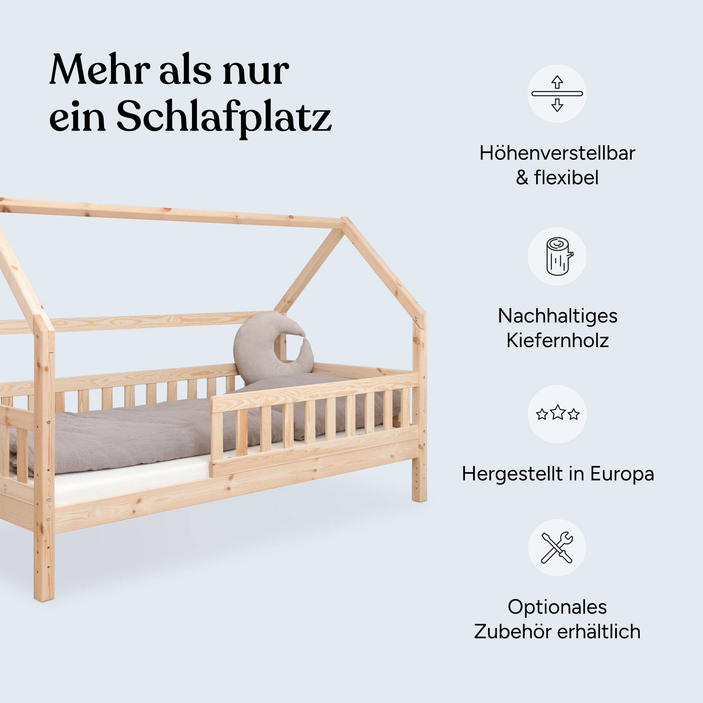 Ehrenkind Hausbett Lille aus massivem Kiefernholz (mit abnehmbarem Rausfallschutz aus massivem Holz, Erhältlich in Natur und Weiß Kinderbett 80x160/90x200 cm), höhenverstellbar, nachhaltiges Kiefernholz, hergestellt in Europa