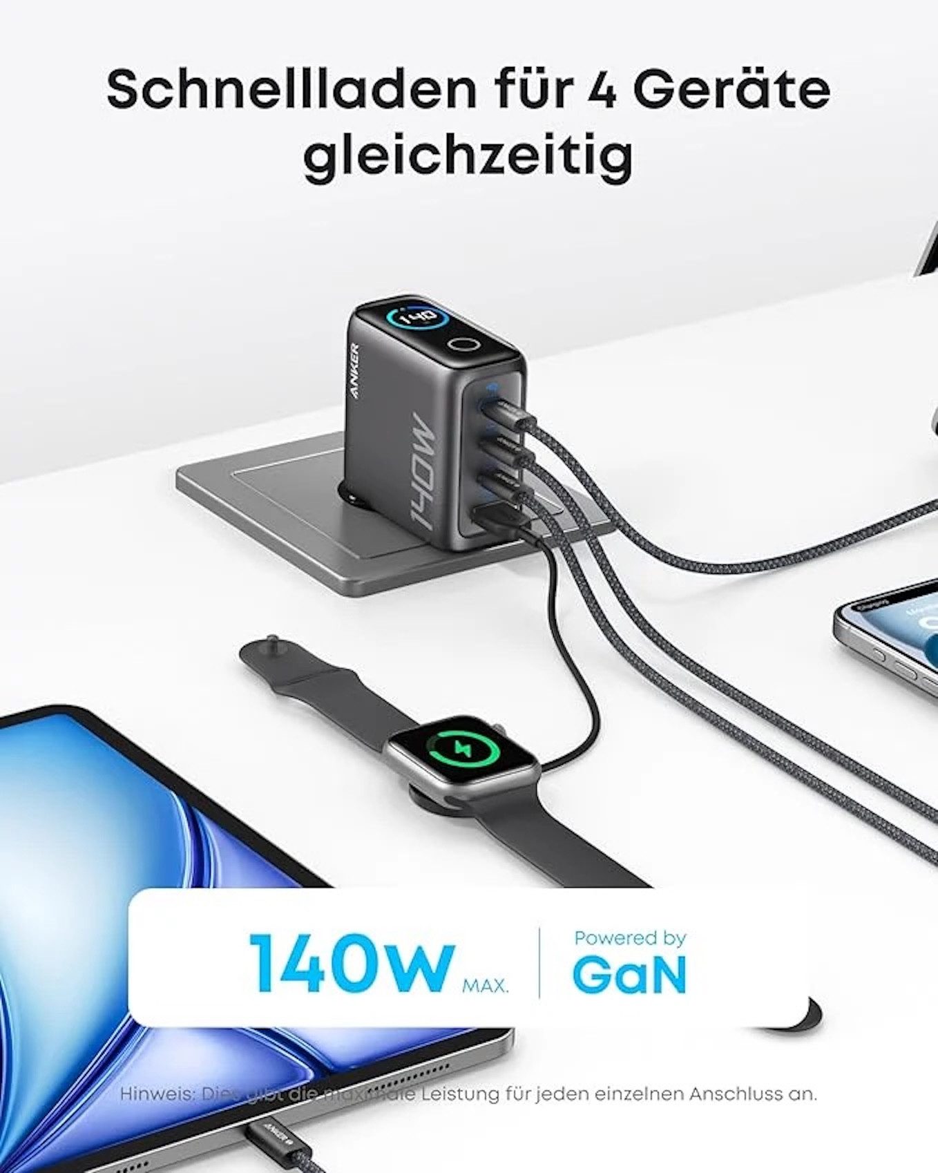 Anker Anker 140W USB C Ladegerät 4-Port Multi-Geräte Schwarz USB-Ladegerät (140W Ladung für bis zu 4 Geräte)